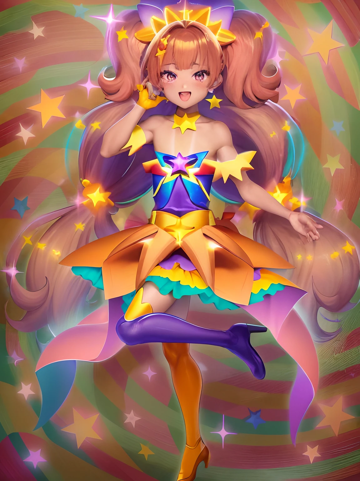 Cartoon image of a boy in a star dress, Cool, Official art, Boy in orange and yellow and violet costume, !!Full body portrait!!, marin kitagawa fanart, official artwork, Beautiful, Muscular men, Highly revealing outfits, He has long orange-brown twin-tailed hair, Sparkling Magical Boy, Ultra Mega Super Hyper Beautiful