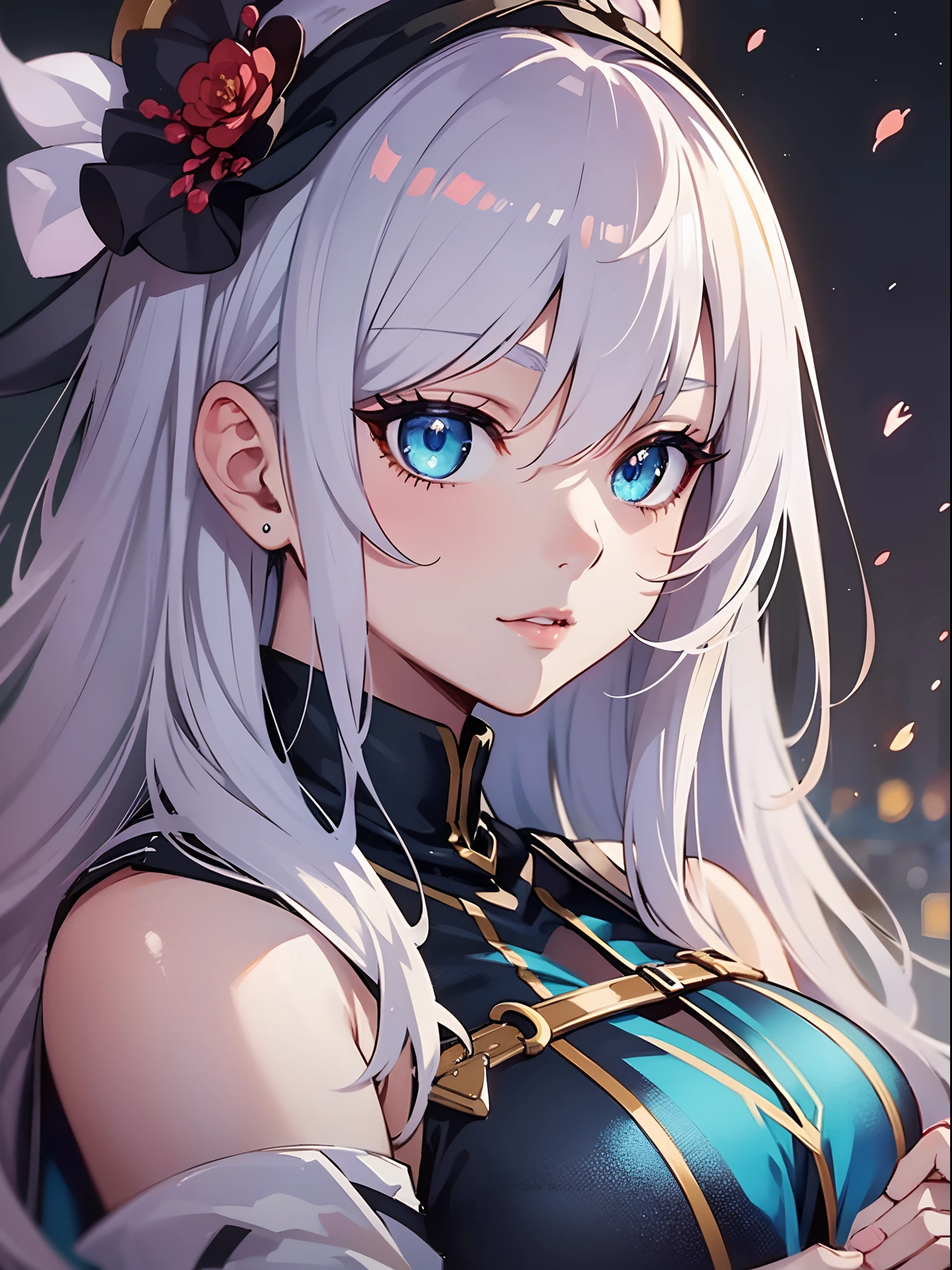girl, mature, white hair, diamond earings, long hair, low twin tails, red bow on hair, blue eyes, adult. front face, beautiful