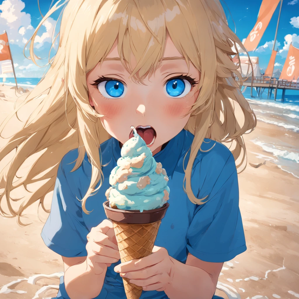 Blonde hair blue eyes girl eating ice cream on beach