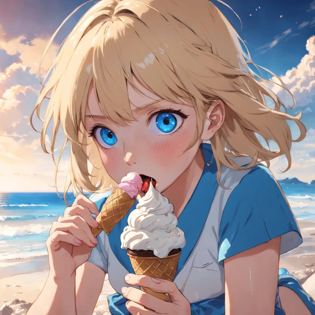 Blonde hair blue eyes girl eating ice cream on beach
