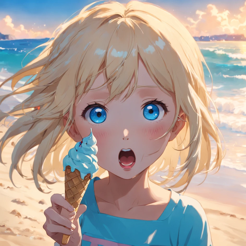 1 girl, 18yo, (flat chest: 1.5), blue eyes, light brown hair, bob cut, summer outfit, smiling, holding popsicle in hand, (licking a popsicle:1.5), having fun, upper body, beach, blue sky, 8k, RAW photo, best quality, masterpiece, extremely detailed 8k wallpaper, ultra-detailed, best shadow, detailed background, beautiful detailed face, beautiful detailed eyes, nice hands, perfect hands