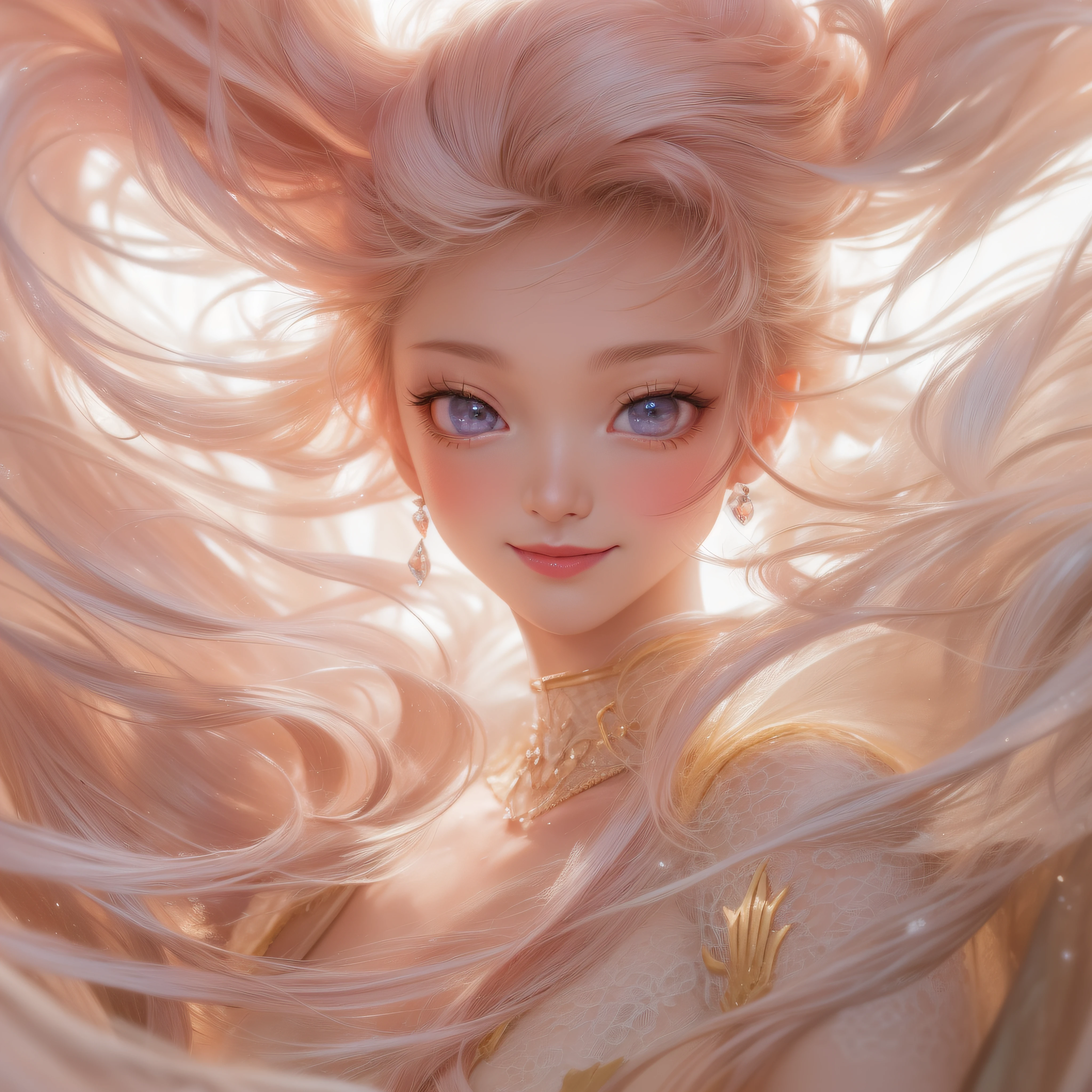 Close up of a smile with the corners of the mouth raised、(realisitic、hight resolution)、(1 girl in)、Do-Up Eye、Korean Girl、(Best Quality), (masutepiece), (1girl in), Solo, a beauty girl, Perfect face, Big Breast,dreamlikeart、Highly detailed airbrush art((Surreal))、Volumetric lighting、(top-quality)、The ultra-detailliert、(The composition of the movement:1.4)、Highly detailed colorful details、(Bright lighting)、dynamic compositions、Ray traching、The mirror reflects light、Shallow depth of field、ultra-detailliert、mixing exposure、nffsw、Her eyes are glowing pink、Staring at the pink sea。Her pink face is full of anticipation and courage for adventure.、A smile appears on her pink lips。 At the rear、The sun is slowly tilting to the west。Its light brings pink light to the surface of the sea、The swaying waves create a beautiful scene。Her eyes are clearly glowing pink。Lots of pink