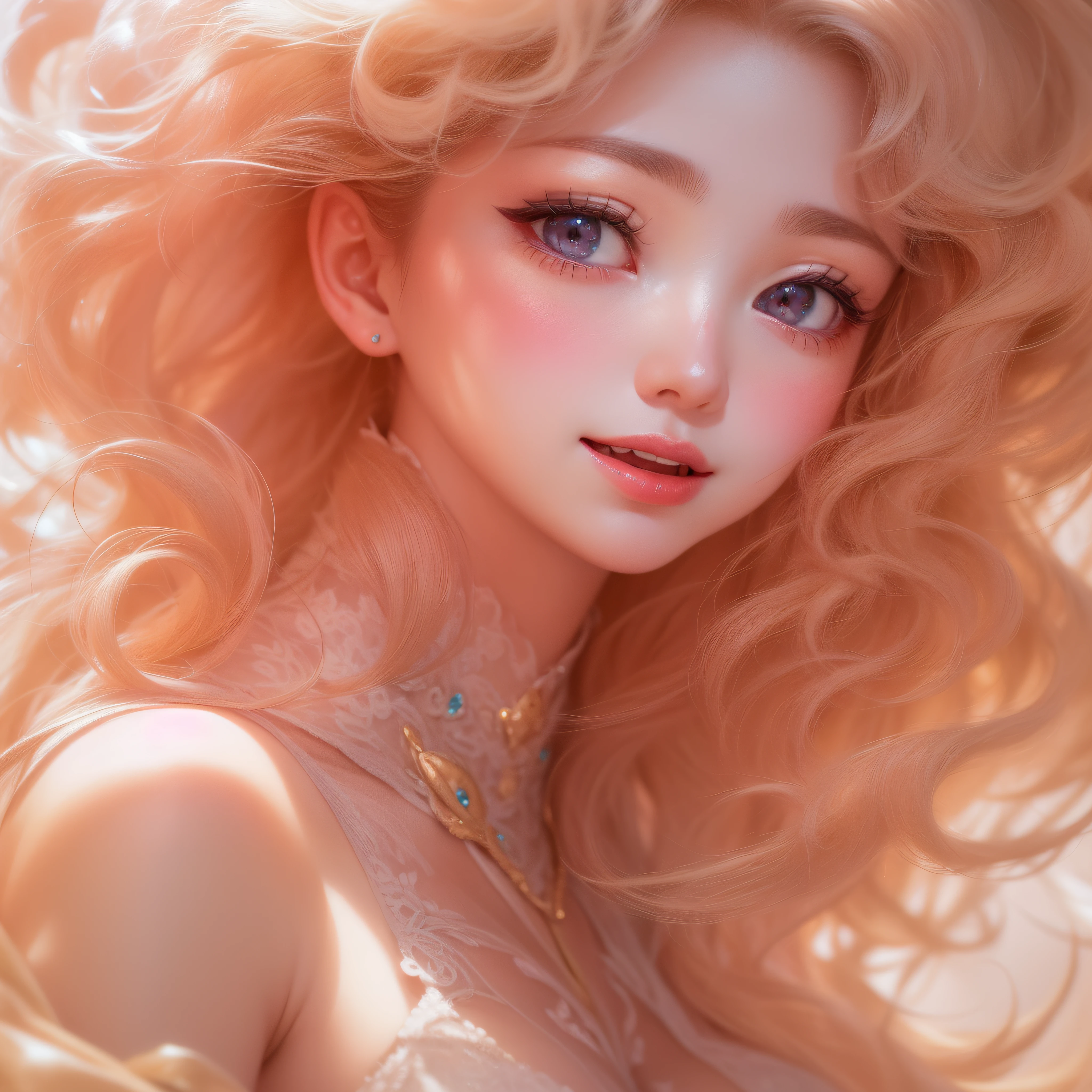 Close up of smiling face with open mouth、(realisitic、hight resolution)、(1 girl in)、Do-Up Eye、Korean Girl、(Best Quality), (masutepiece), (1girl in), Solo, a beauty girl, Perfect face, Big Breast,dreamlikeart、Highly detailed airbrush art((Surreal))、Volumetric lighting、(top-quality)、The ultra-detailliert、(The composition of the movement:1.4)、Highly detailed colorful details、(Bright lighting)、dynamic compositions、Ray traching、The mirror reflects light、Shallow depth of field、ultra-detailliert、mixing exposure、nffsw、Her eyes are glowing pink、Staring at the pink sea。Her pink face is full of anticipation and courage for adventure.、A smile appears on her pink lips。 At the rear、The sun is slowly tilting to the west。Its light brings pink light to the surface of the sea、The swaying waves create a beautiful scene。Her eyes are clearly glowing pink。Lots of pink