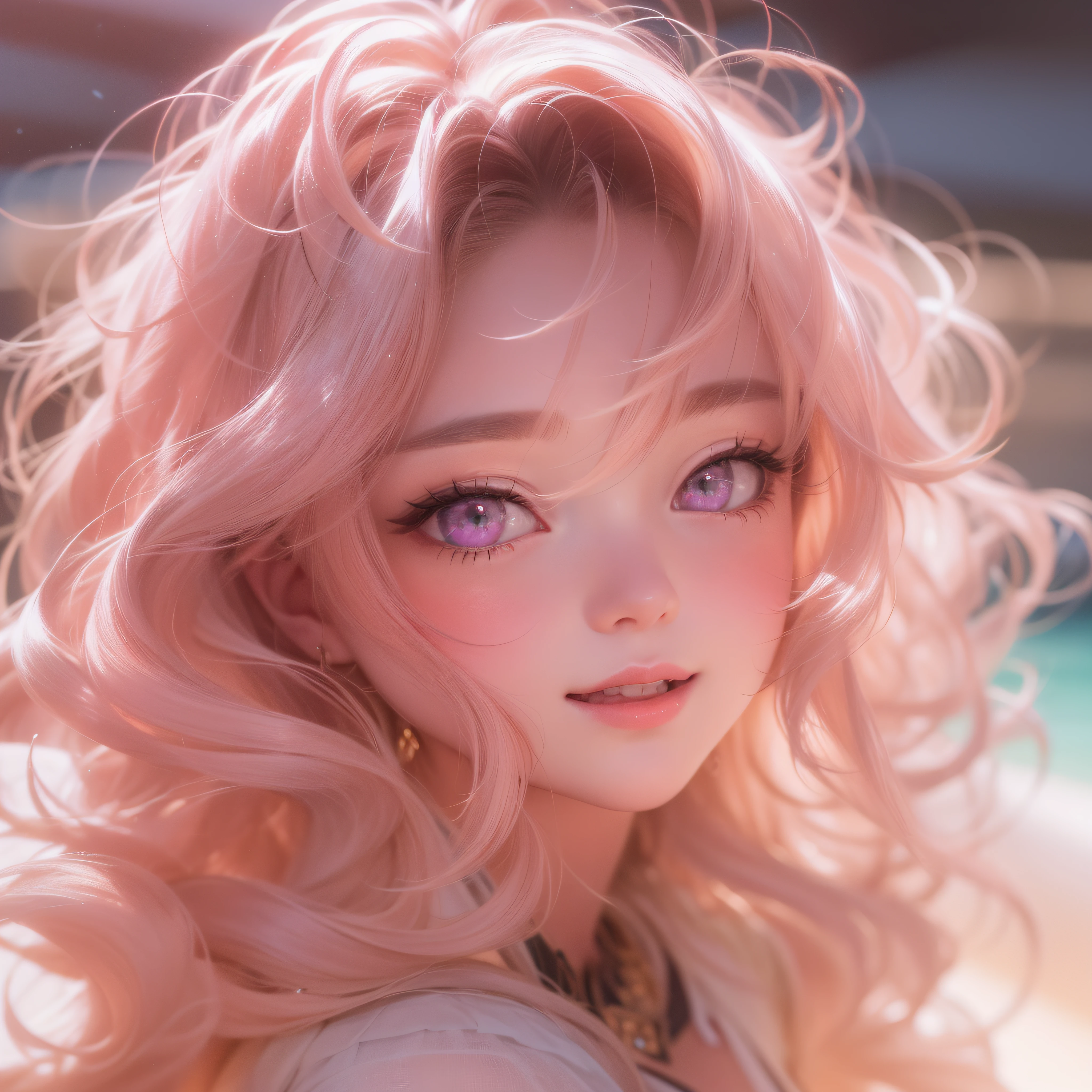 Close up of smiling face with open mouth、(realisitic、hight resolution)、(1 girl in)、Do-Up Eye、Korean Girl、(Best Quality), (masutepiece), (1girl in), Solo, a beauty girl, Perfect face, Big Breast,dreamlikeart、Highly detailed airbrush art((Surreal))、Volumetric lighting、(top-quality)、The ultra-detailliert、(The composition of the movement:1.4)、Highly detailed colorful details、(Bright lighting)、dynamic compositions、Ray traching、The mirror reflects light、Shallow depth of field、ultra-detailliert、mixing  exposure、nffsw、Her eyes are glowing pink、Staring at the pink sea。Her pink face is full of anticipation and courage for adventure.、A smile appears on her pink lips。 At the rear、The sun is slowly tilting to the west。Its light brings pink light to the surface of the sea、The swaying waves create a beautiful scene。Her eyes are clearly glowing pink。Lots of pink