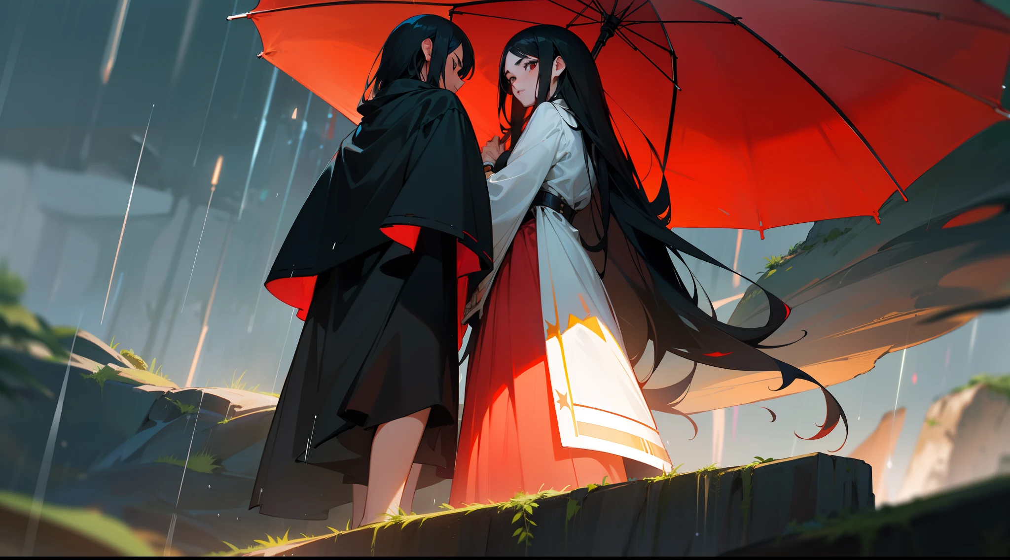 two guys，A teenager with red and black hair，A woman with long white and black hair，Standing on a cliff，angelicales，There is rain，Light intensification，Close-up of the sun，Black accents