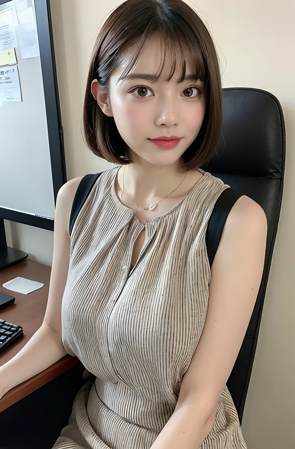 8K、top-quality、masterpiece、超A high resolution、a picture、beautiful japanese female、 Elegance、There is a good、Transparent atmosphere、Beautiful face、Gradient lighting、1girl in、Delicate skin、Look into the distance、Brown-eyed、short hair with bangs、Breasts are big、pureerosface、 Folding Pattern Mock Neck Blouse、cutout、pleats、Sleeveless、Round Neck、pleats、White blouses、Trimmed length、pleats、Tummy is visible、very big bust、Take your eyes off、s Office、There are many computers lined up、Lots of desks、Large office、Having a file、Ass big、Kinda chubby、Bangs shed to the side、organize your hairstyle well、Put your ears out、Hold a file in your hand、
