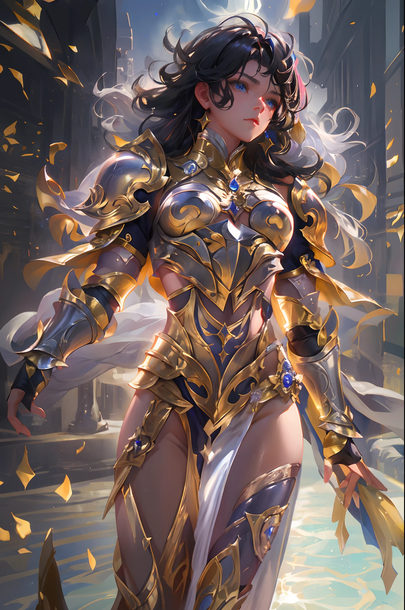 Ultra-high saturation，（tmasterpiece）， fully body photo，（best qualtiy）， （1girll）， starryskybackground，Wearing shiny gold armor， Sexy lingerie type armor，Expose your chest，Expose the waistline，Exposing thighs，cool-pose， Saint Seiya Armor， messy  hair，high detal, Anime style, Cinematic lighting, Sparkle, god light, Ray traching, filmgrain, hyper HD, textureskin, super detailing, Anatomical correct, A high resolution，Ultra-high saturation，hight contrast，High-gloss armor，Smooth skin，Serious expressions,Dark room,