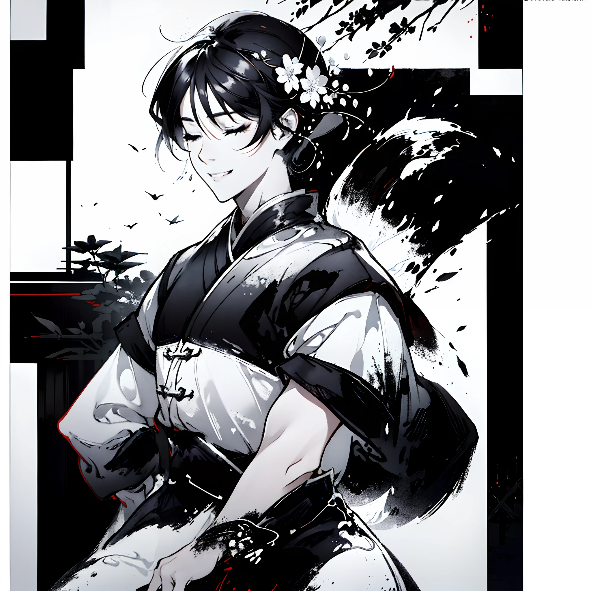 Ink painting,1boy, smiling,close mouth,fox eyes,closed eyes, wearing a black and white traditional Chinese outfit,short black hair, absolutely stunning art, extremely detailed, highest quality digital art, wallpaper 8k,black and white, monochrome