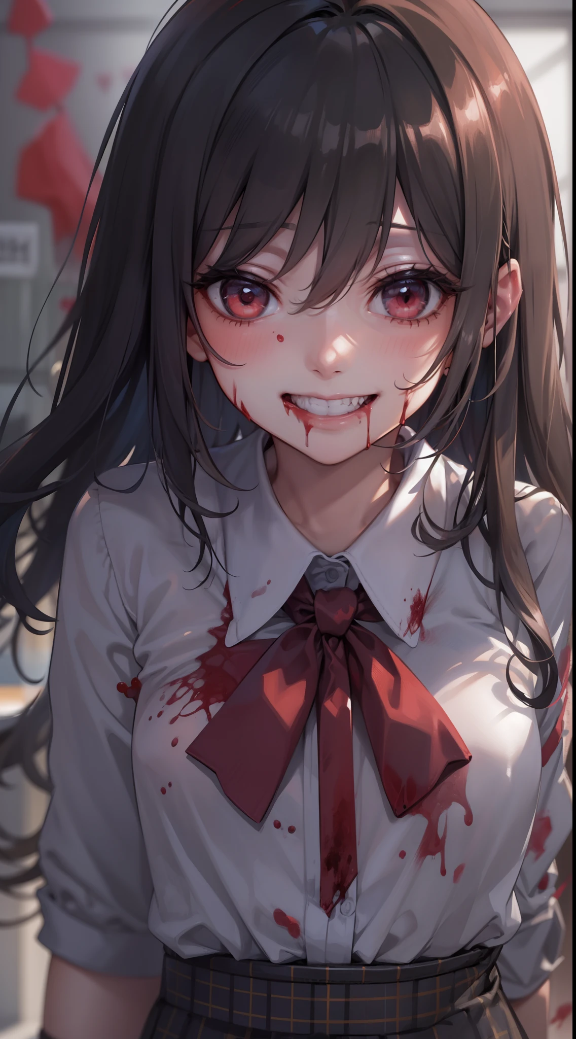 Unpleasant smile of a girl who loves knives in a school classroom、Niccoli、Psychopath horror、Bloody、Blood droplets, long hair, red eyes,  black hair,  medium breasts, standing,  upper body