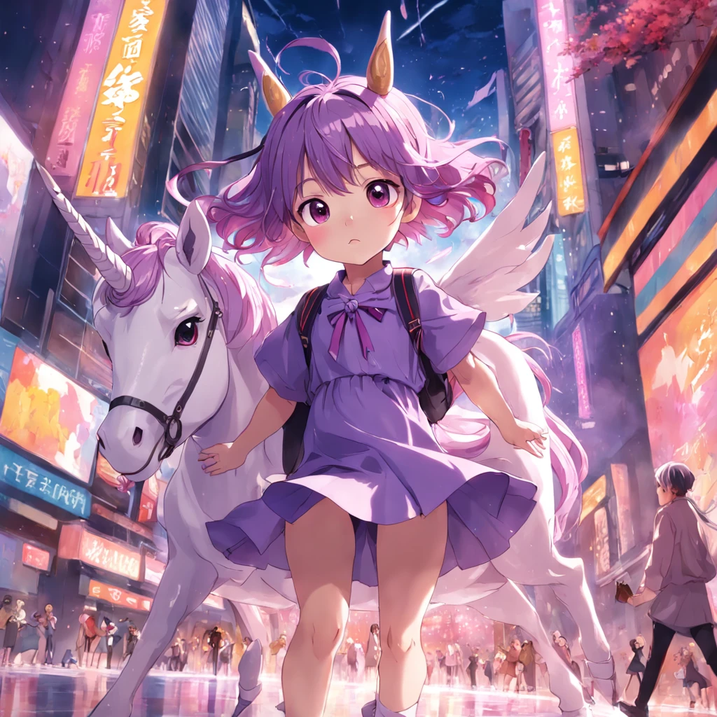best qualtiy,超A high resolution,unicorn,Burst mode,Purple colored hair,It's a in the third gs,Carrying a red school bag