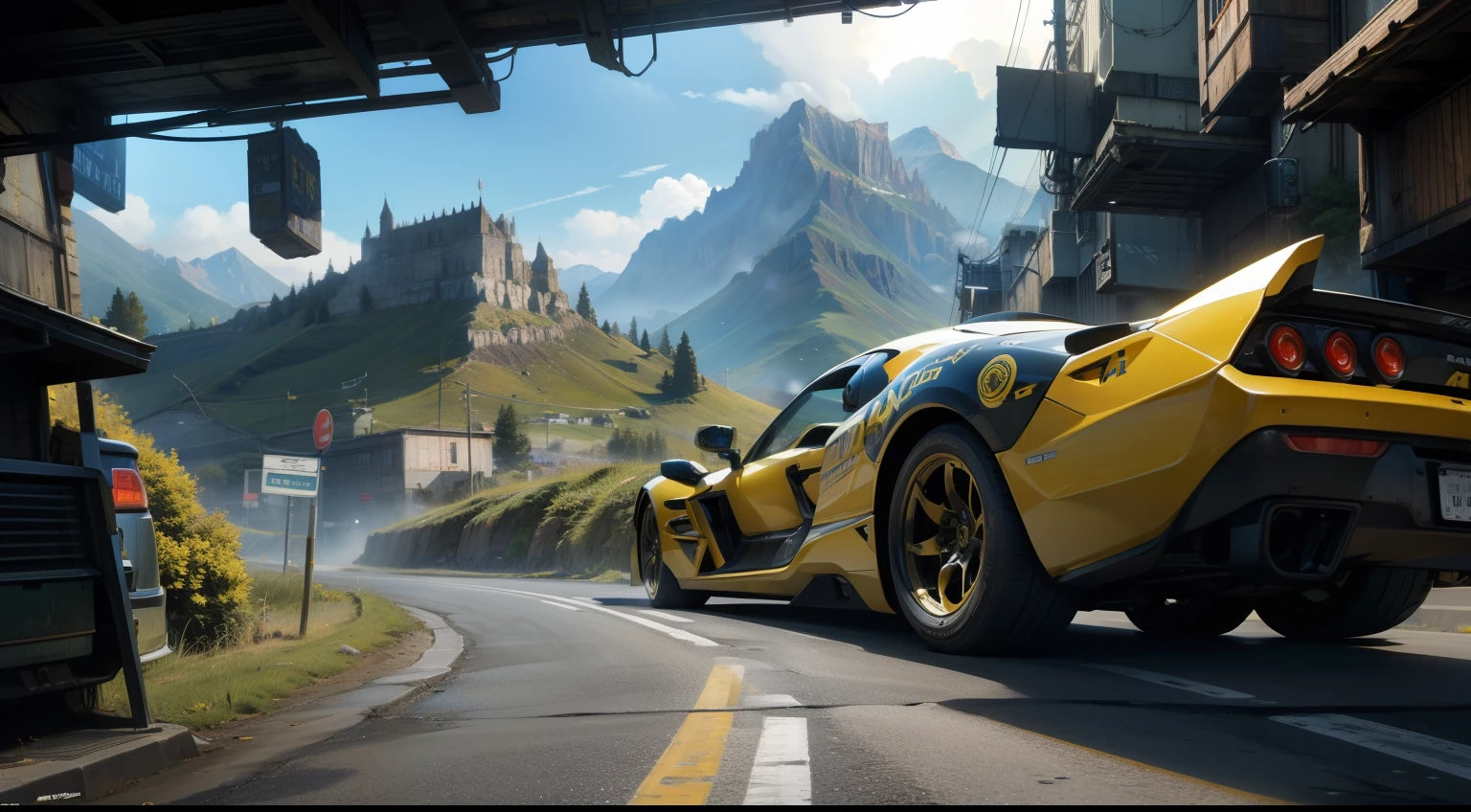 fantasy style,4k,HD,4k_image,Super Realistic Detailed,cyberpunk,there is a long road with a yellow line going through the mountains,