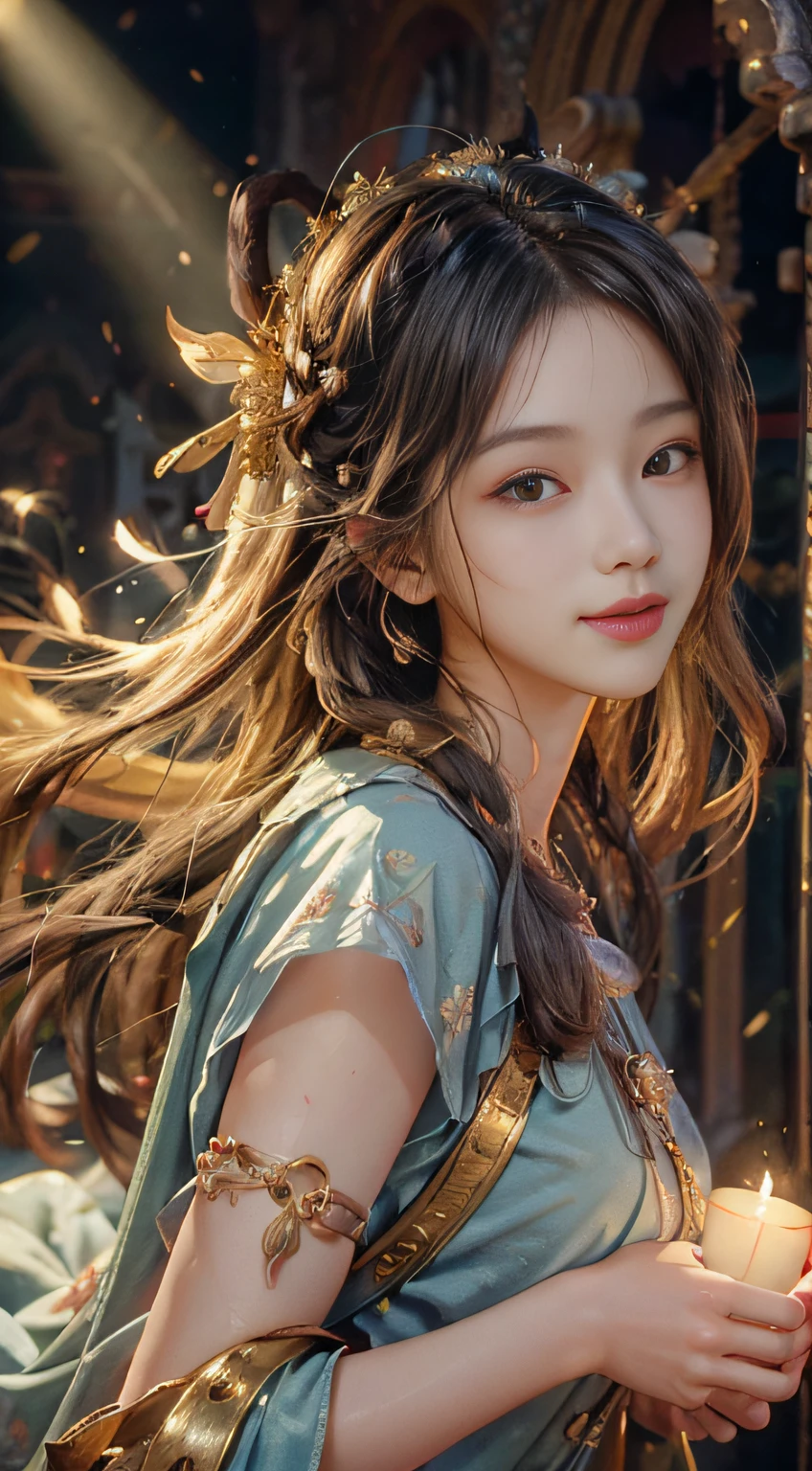 (RAW Photo, Best Quality), (Realistic, Photo Realistic: 1.3), Best Quality, Highly Detailed, Masterpiece, Ultra Detailed, Illustration, 1 Girl, upper_body, Dynamic Angle, World Mastery Theater, messy_long_hair, Best Quality, Extremely Detailed CG Unified 8k Wallpaper, Ink, Amazing, Cinematic Lighting, lens_flare, dunhuang_style, Beautiful Rendering of the Tang Dynasty, (Smile: 1.5), (Holy Light), In the Grotto, Floating, Sony Master Shot, Bustling, Gold Leaf, Flower, Light Blue Clothes, Looking at the Audience