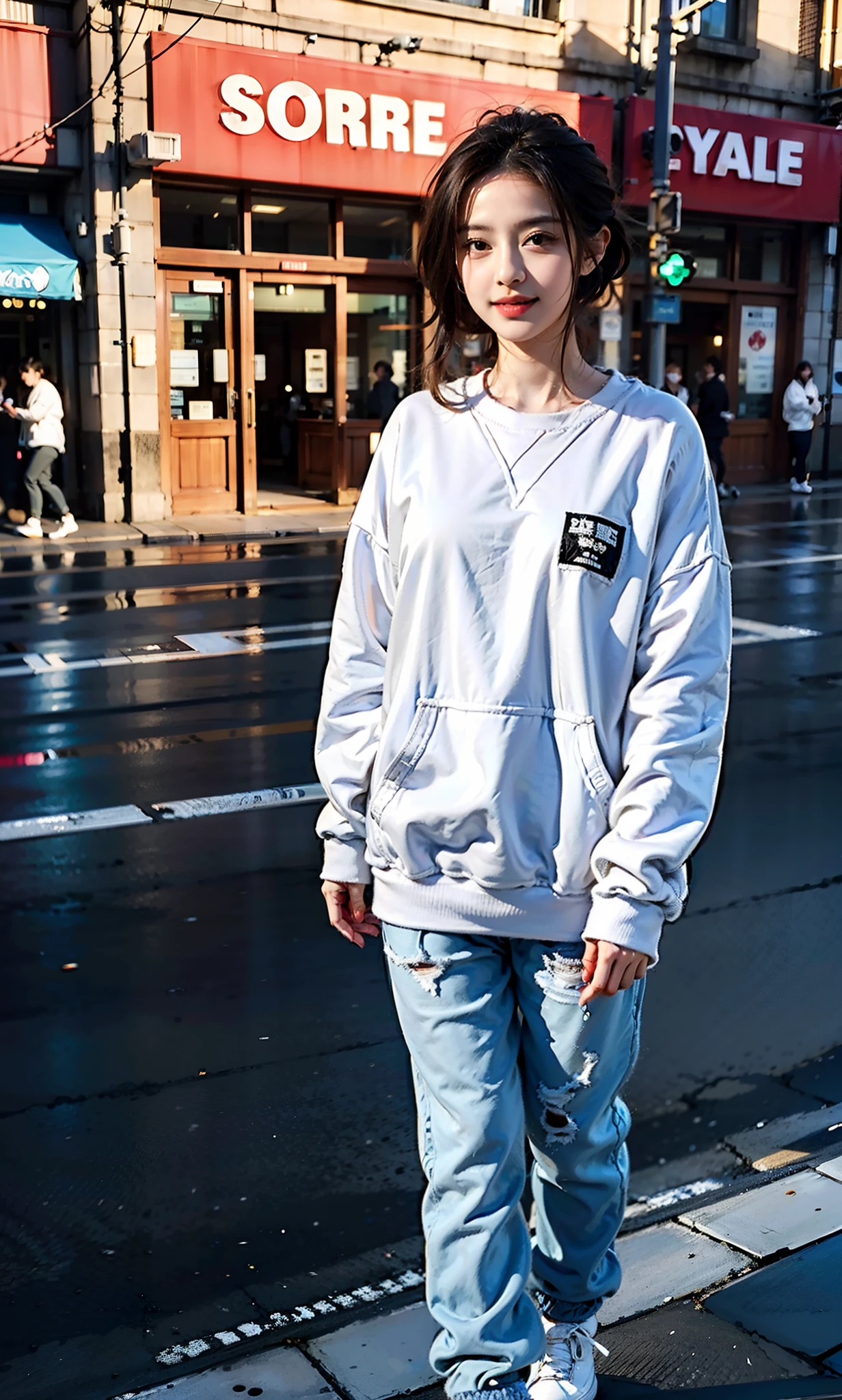 Woman in white sweatshirt、 trending on r/Street attire, enticing, Sweatshirt, In a white sweatshirt, 2 0 2 0 fashion, casual clothing style, posh, Wearing a white sweatshirt, Fear of God's Style, ふしだらな, Wearing a sweatshirt,