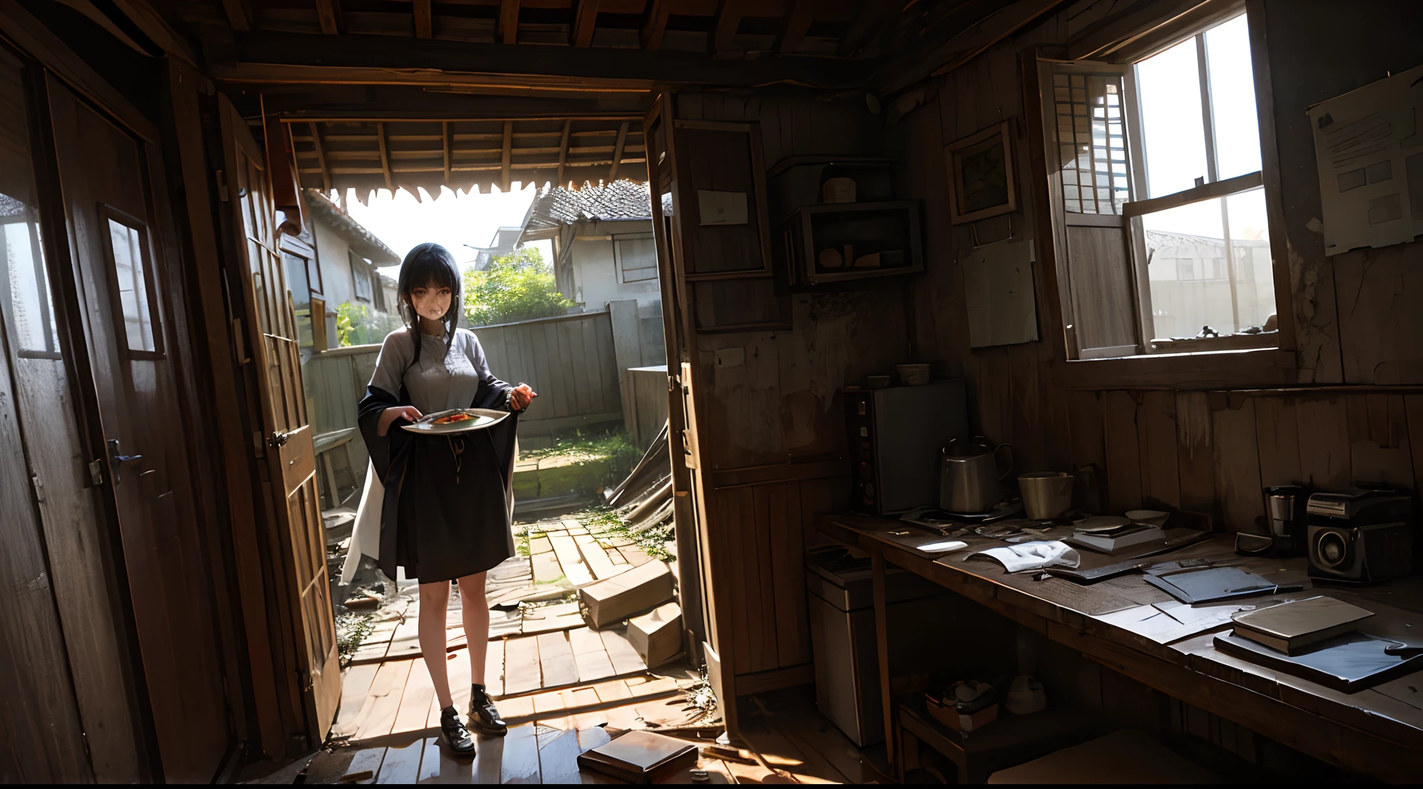 Inside a dilapidated thatched house,A beautiful woman in costume watched me eat