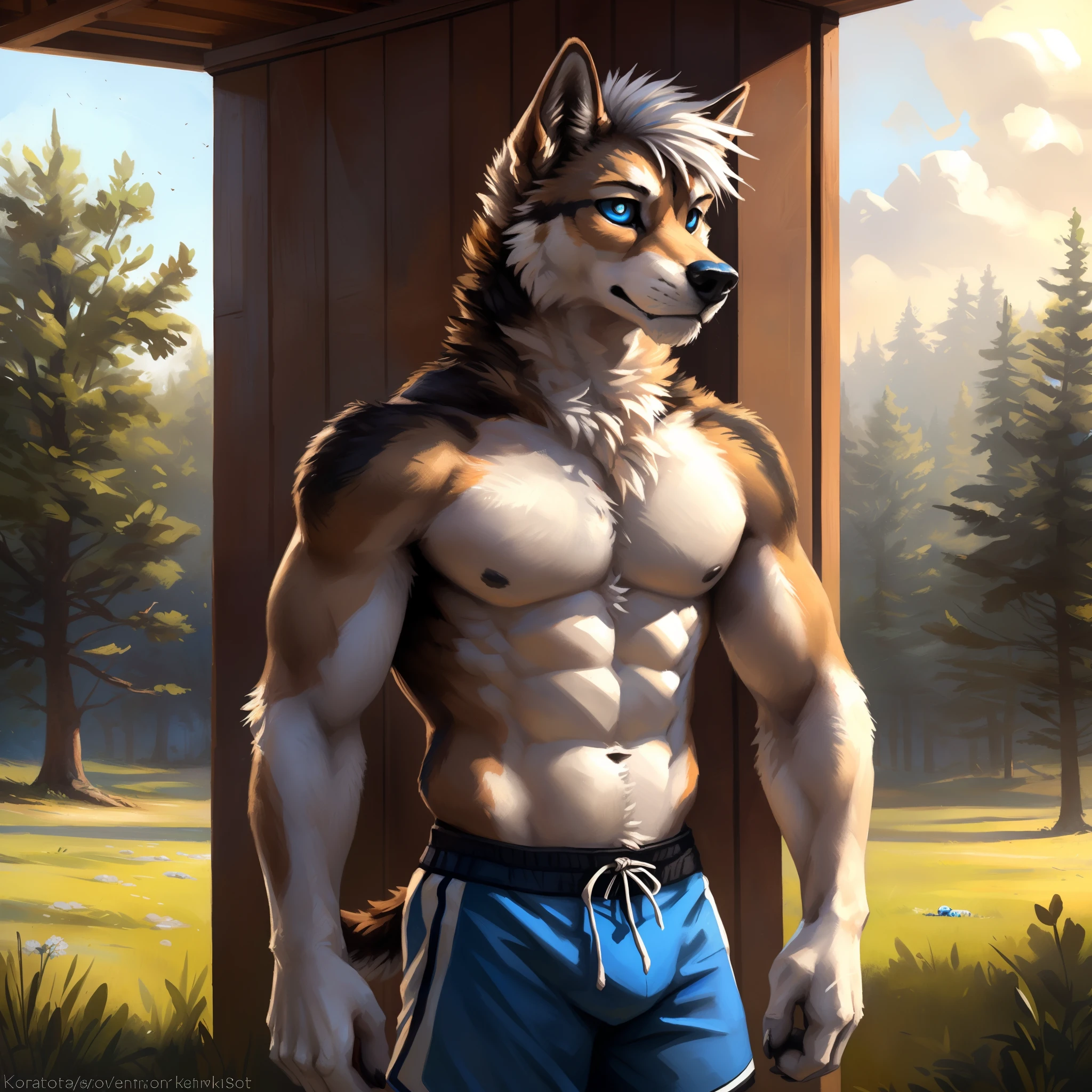 ((Solo)), Male, anthro wolf, (Multi-colored fur, Black White Taupe:1.3), ((Dog face, White hair, Big eyes, White eyelids, Blue pupil, Slim:1.2) (Tough, Calm expression:1.2)), ((sport:1.1)), Abs, Slim, pinging)), (Correct anatomy), (Work shorts:1.1), (Contoured bones:1.2), naked torso, (detailed outfits), (Realistic fur, Detailed fur texture, labeled:1.3)), (Natural lighting), Photorealistic, Hyperrealistic, ultradetailed, by Kenket