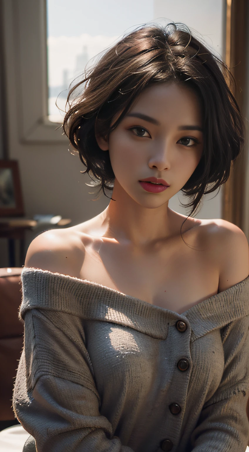 1womanl、40 years、hyperdetailed face、Detailed lips、A detailed eye、二重まぶた, (Medium short hair、Huge breasts:1.5)、summer sweater:1.1, ((top-quality、8K、Photorealsitic, masterpiece:1.3))