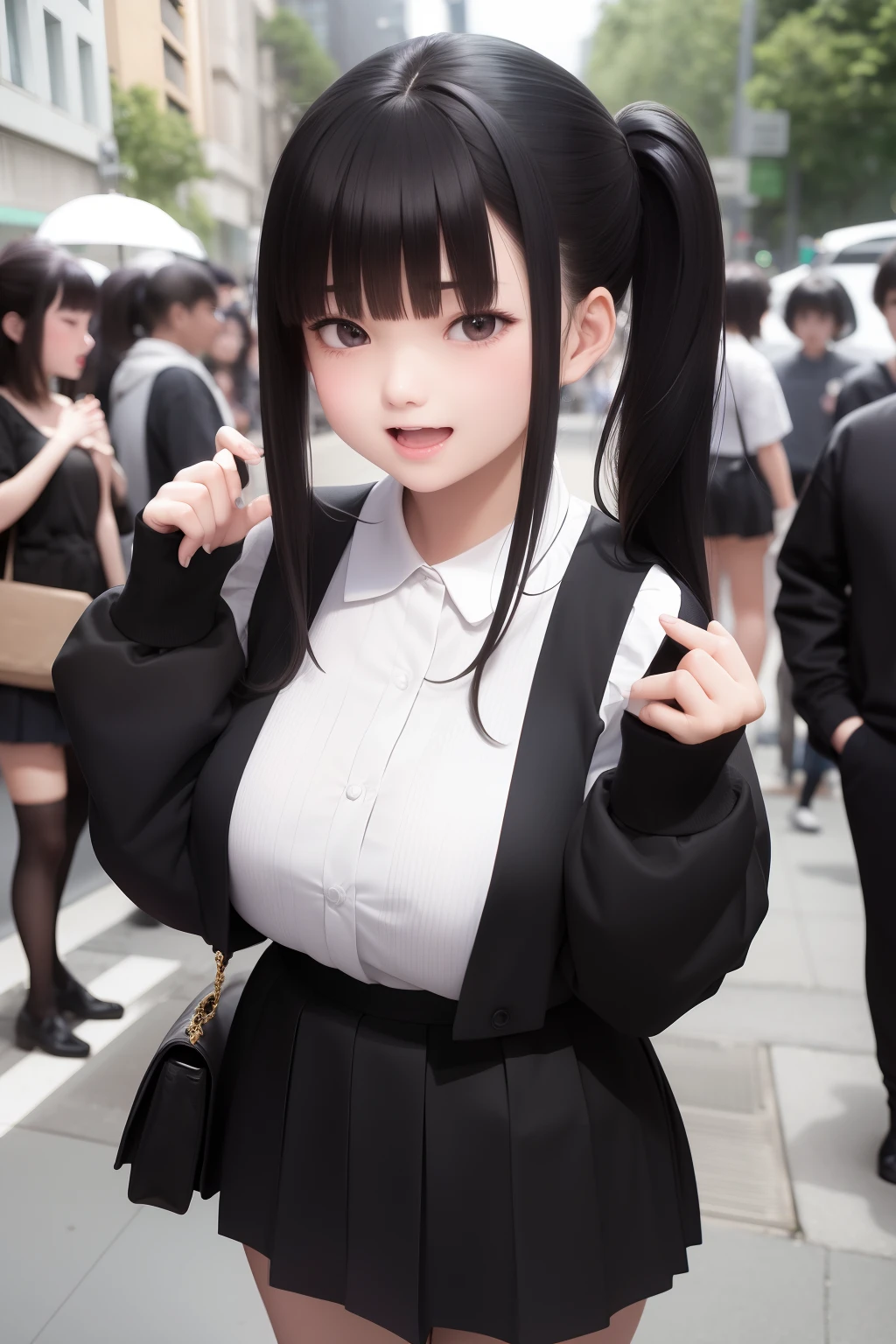 Photo Real、photoRealstic、ultra-detailliert A dark-haired、Side hair to the cheeks、Blunt bangs、Long ponytail Narrow-eyed、with round face、Plump cheeks skinny body、sixteen years old、large full breasts Clothes with a white collar、Black skirt Laughing expression、Facial expressions to enjoy、Have fun Background with、In the street、It is crowded with people