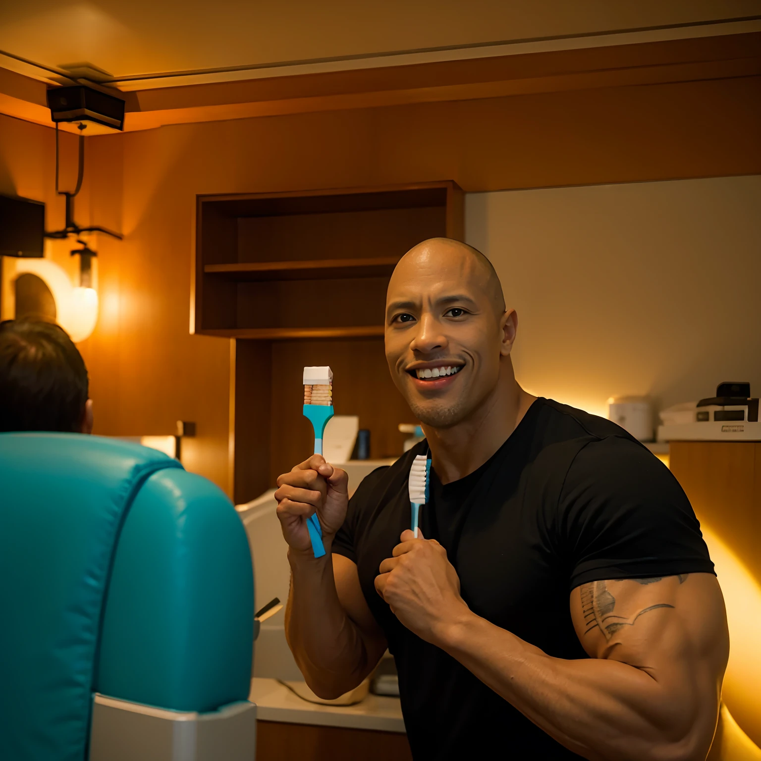 The rock holding a toothbrush, inside of dental clinic, cinema lighting, promotion,dwayne Johnson branding a toothbrush, miami vibes,bright color, high quality, 4k, realistic expression, realistic, detailed