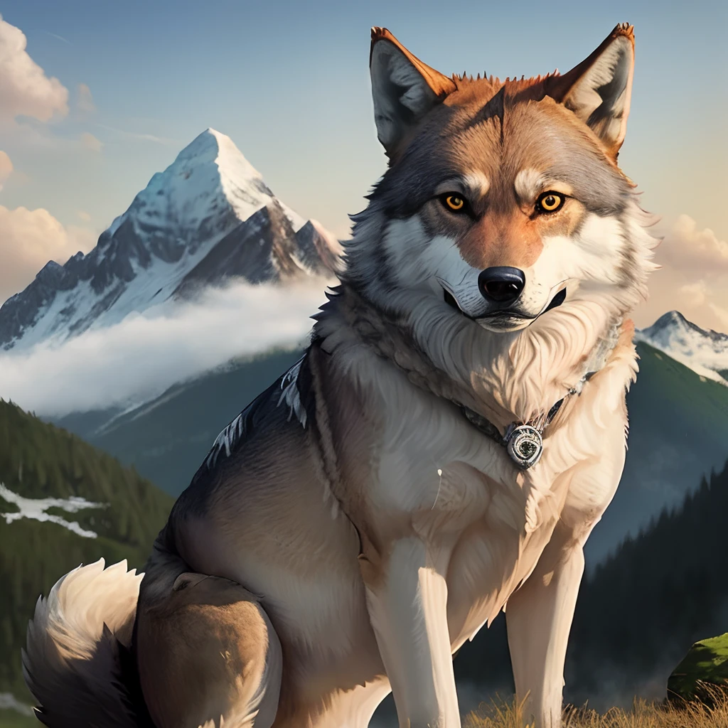 Tiere、wolves、animesque、Background mountain、​masterpiece、top-quality、Troubled face