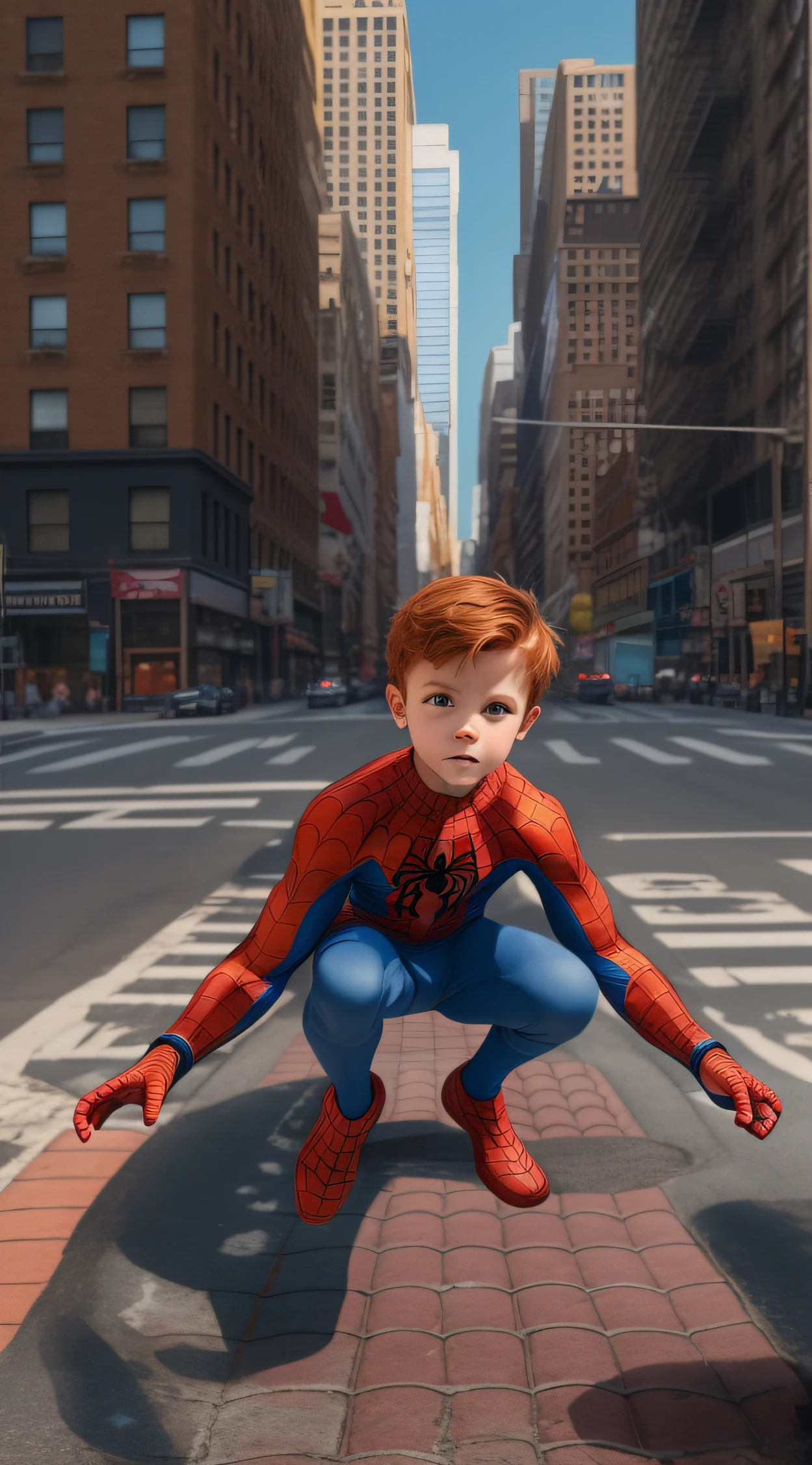 full body,  dressed in a spiderman suit, bare face, perfect eyes, redhead, perfect hands, hyper-realistic photography, full body, jumping over the buildings of Manhattan, use of the algorithm specialized in the generation of highlights and shadows, great level of detail,