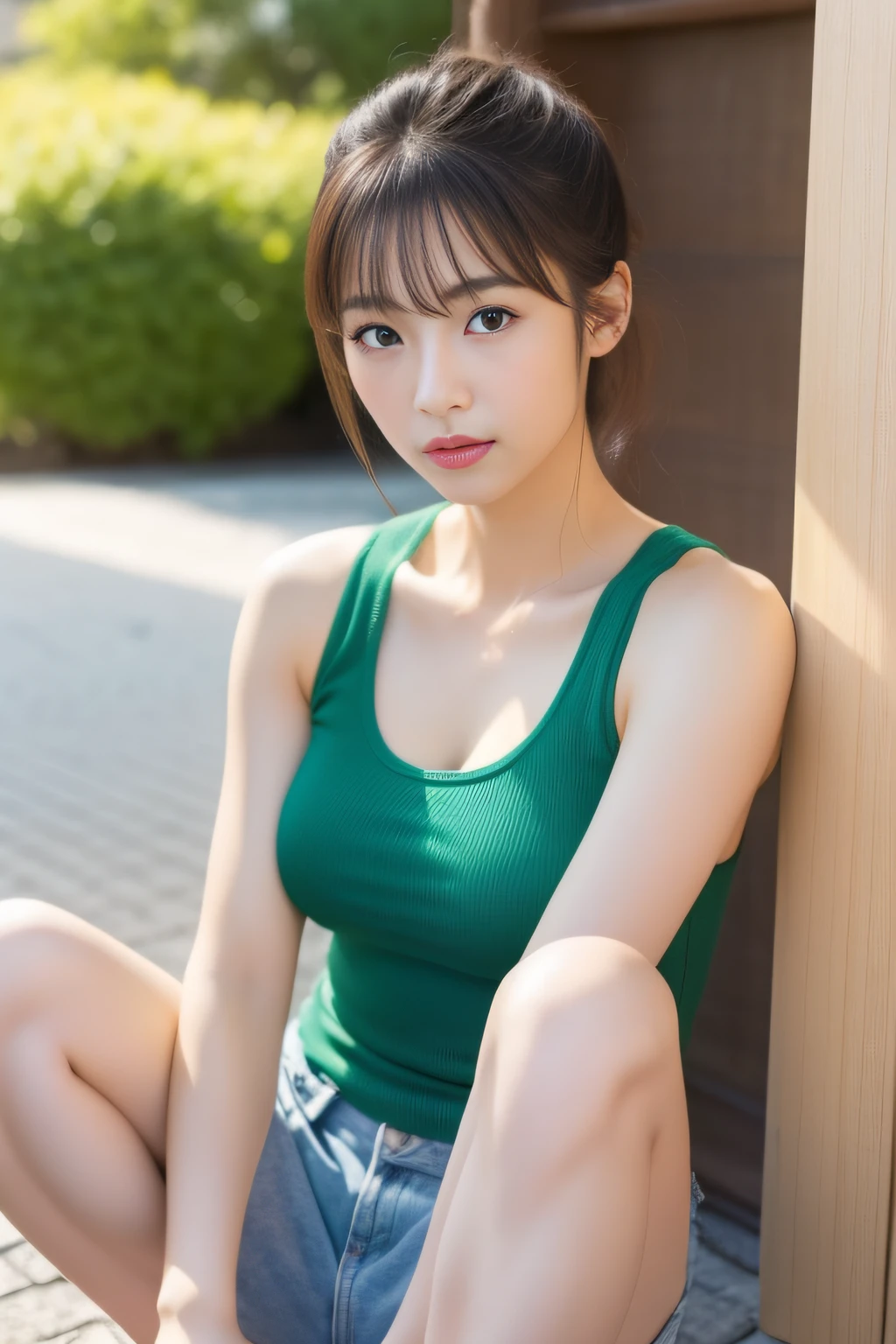 (A great masterpiece、Top Quality、high-level image quality)、(Japanese people、Idol actors、Good looks、Mature atmosphere)、(A perfect beautiful girl with no complaints)、tanktop, Sneakers, hot pants