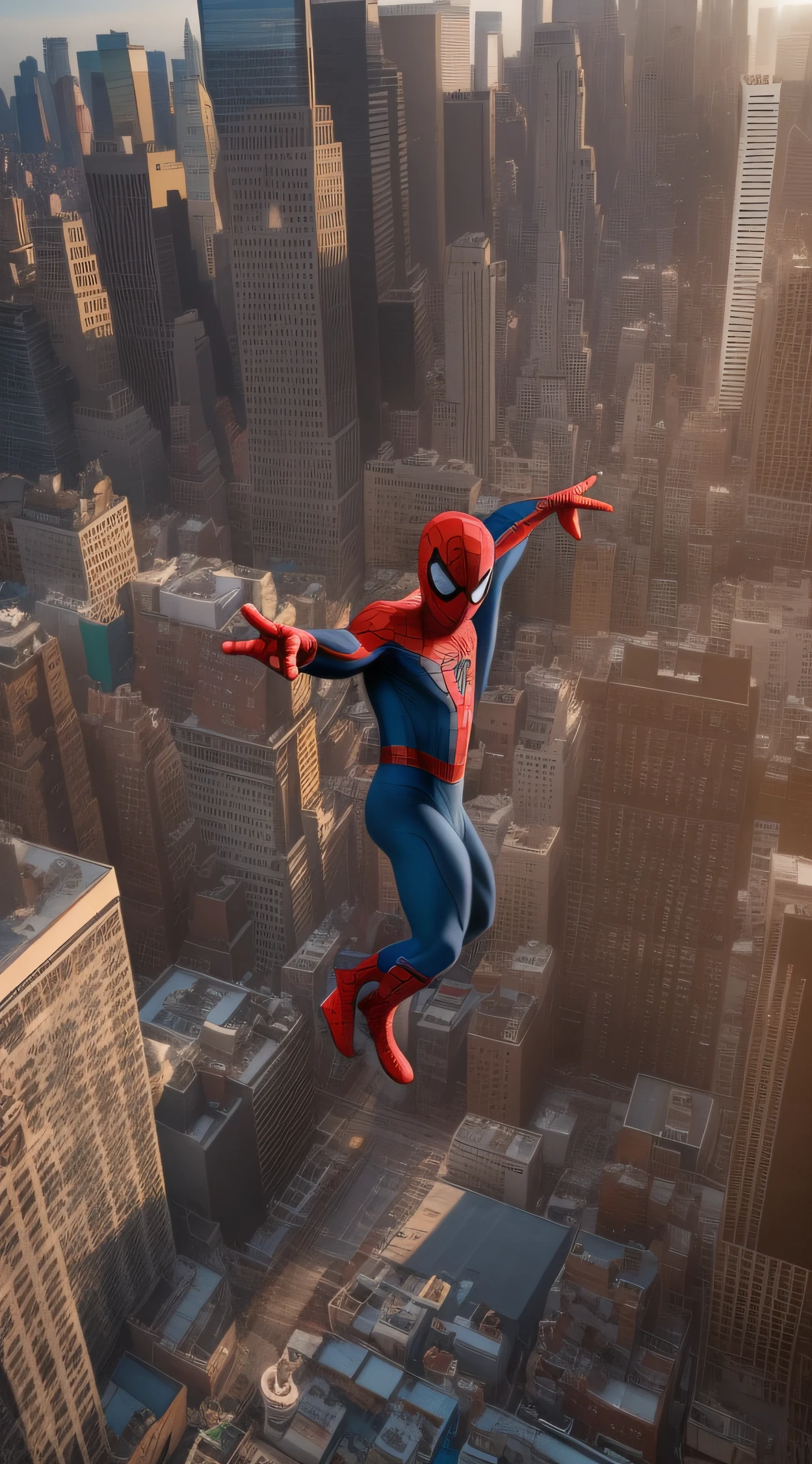 full body, little boy dressed in a spiderman suit, bare face, perfect eyes, redhead, perfect hands, hyper-realistic photography, full body, jumping over the buildings of Manhattan, use of the algorithm specialized in the generation of highlights and shadows, great level of detail,