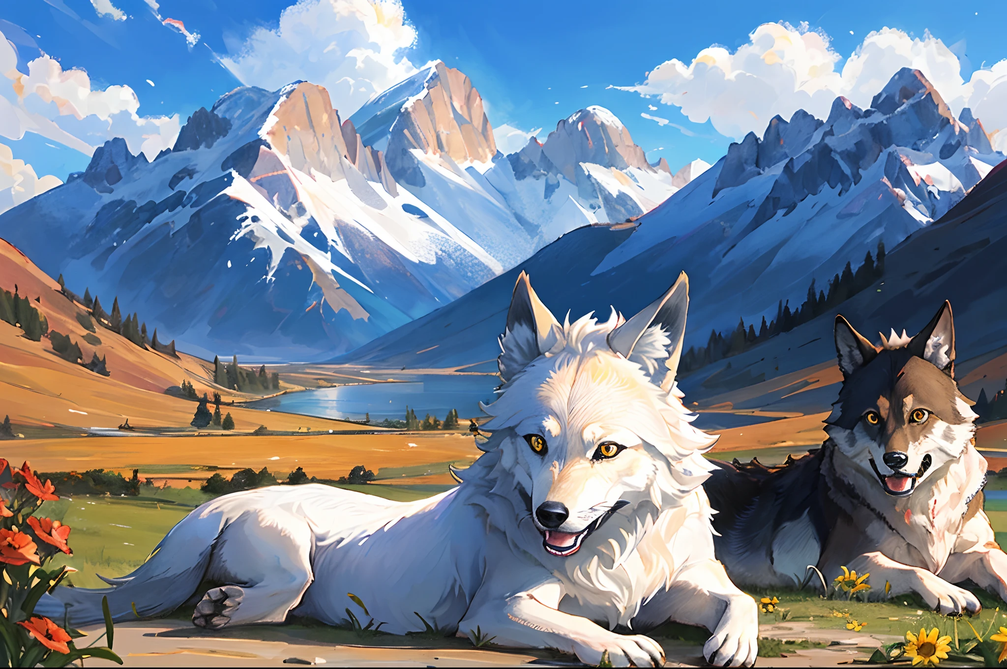 Tiere、wolves、animesque、Background mountain、masterpiece、top-quality、Sad face