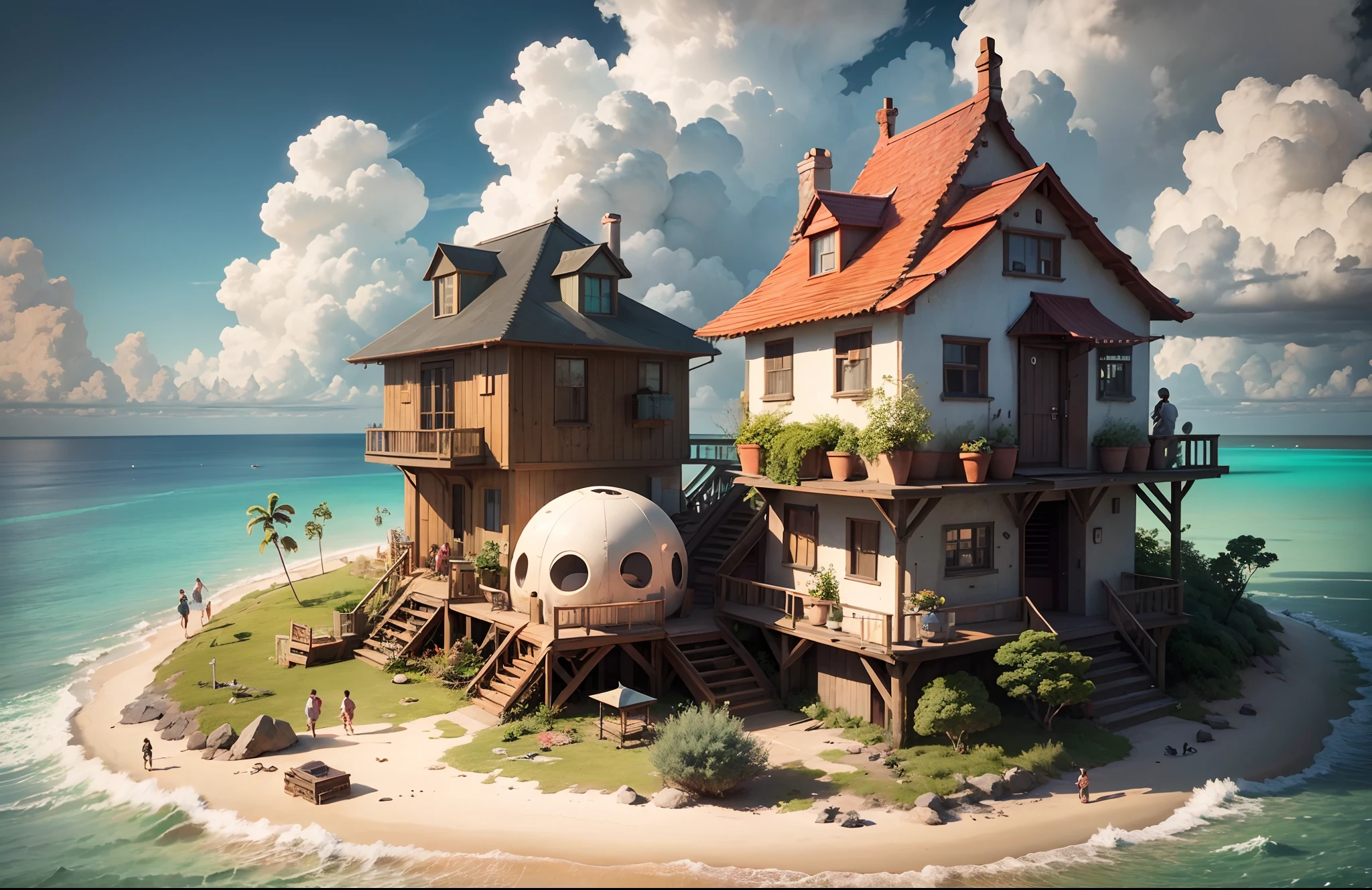 Pixar style, Studio Ghibli, happy community of multi-racial people living in their own atoll, white domed houses surrounded by gardens, floating shrimp and oyster farms inside the atoll, many children help adults or play on the ocean, 4 HD result, cinematic style photo, greeble, ray tracing, in the style of realistic lighting with chiaroscuro, detailed facial features, marcin sobas, jagged edges, flickr, Thomas Saracenus, close-up intensity, 1/200 s, ISO100, shot on Canon EOS R at 50mm f/ 1.8, f/2.2, sci-fi film, m42 mount, --auto --s2