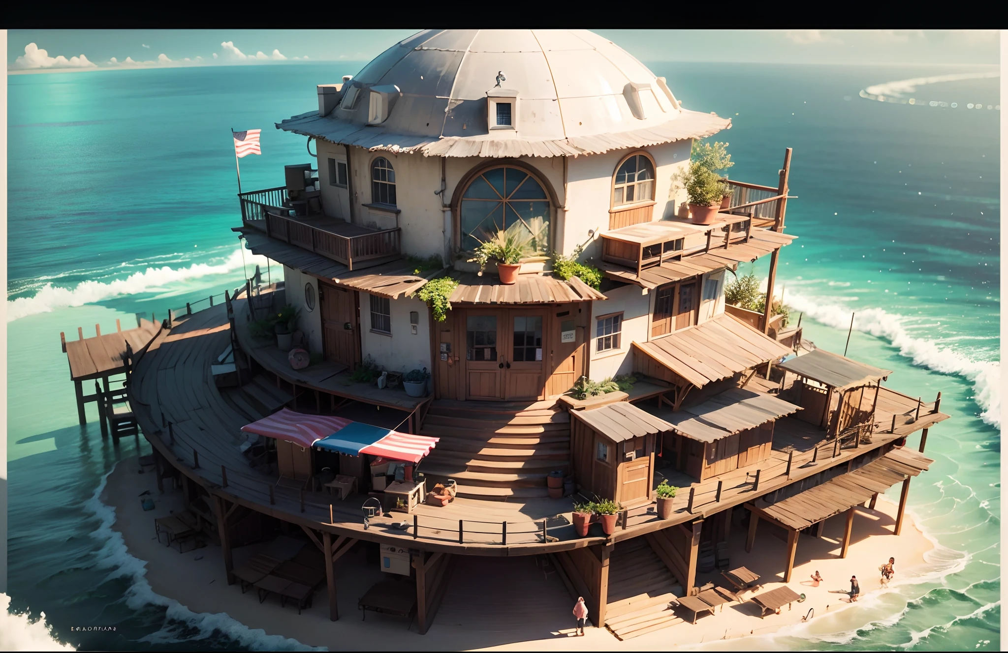 Pixar style, Studio Ghibli, happy community of multi-racial people living in their own atoll, white domed houses surrounded by gardens, floating shrimp and oyster farms inside the atoll, many children help adults or play on the ocean, 4 HD result, cinematic style photo, greeble, ray tracing, in the style of realistic lighting with chiaroscuro, detailed facial features, marcin sobas, jagged edges, flickr, Thomas Saracenus, close-up intensity, 1/200 s, ISO100, shot on Canon EOS R at 50mm f/ 1.8, f/2.2, sci-fi film, m42 mount, --auto --s2