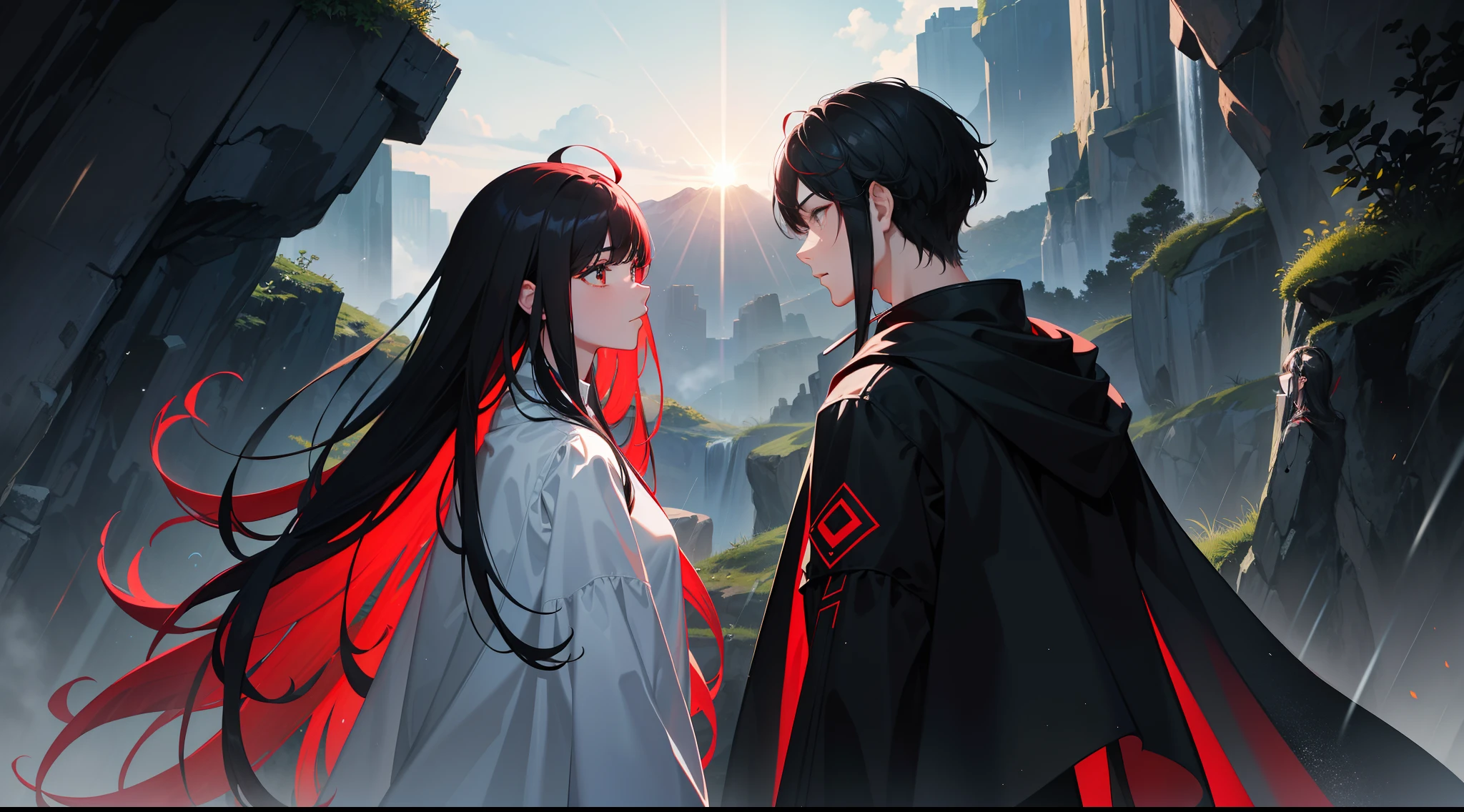 two guys，A teenager with red and black hair，A woman with long white and black hair，Standing on a cliff，angelicales，There is rain，Light intensification，Close-up of the sun，Black accents