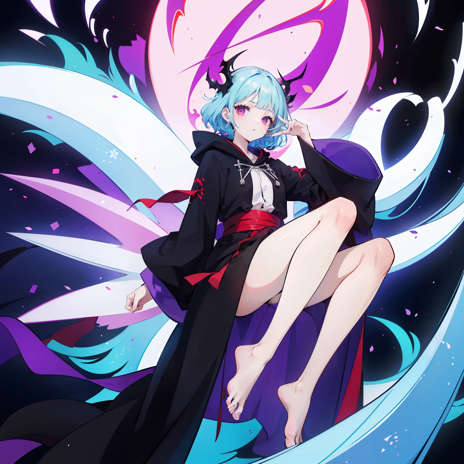 masutepiece, Fine details, 4K, 8K, 12K, Solo, 1 person, Beautiful Girl, caucasian female, , 149 cm, Light blue hair, Short hair, Wavy Hair, Red Eyes, Black costume、black robes, Long sleeves, Wide sleeves, long hem, long hem、numerous wounds on the legs,,,,、Foot injuries、a lot of wounds on the legs,,,,.、I can't see my knees、Black hood、Full body black、Purple effect、Dragon effect
