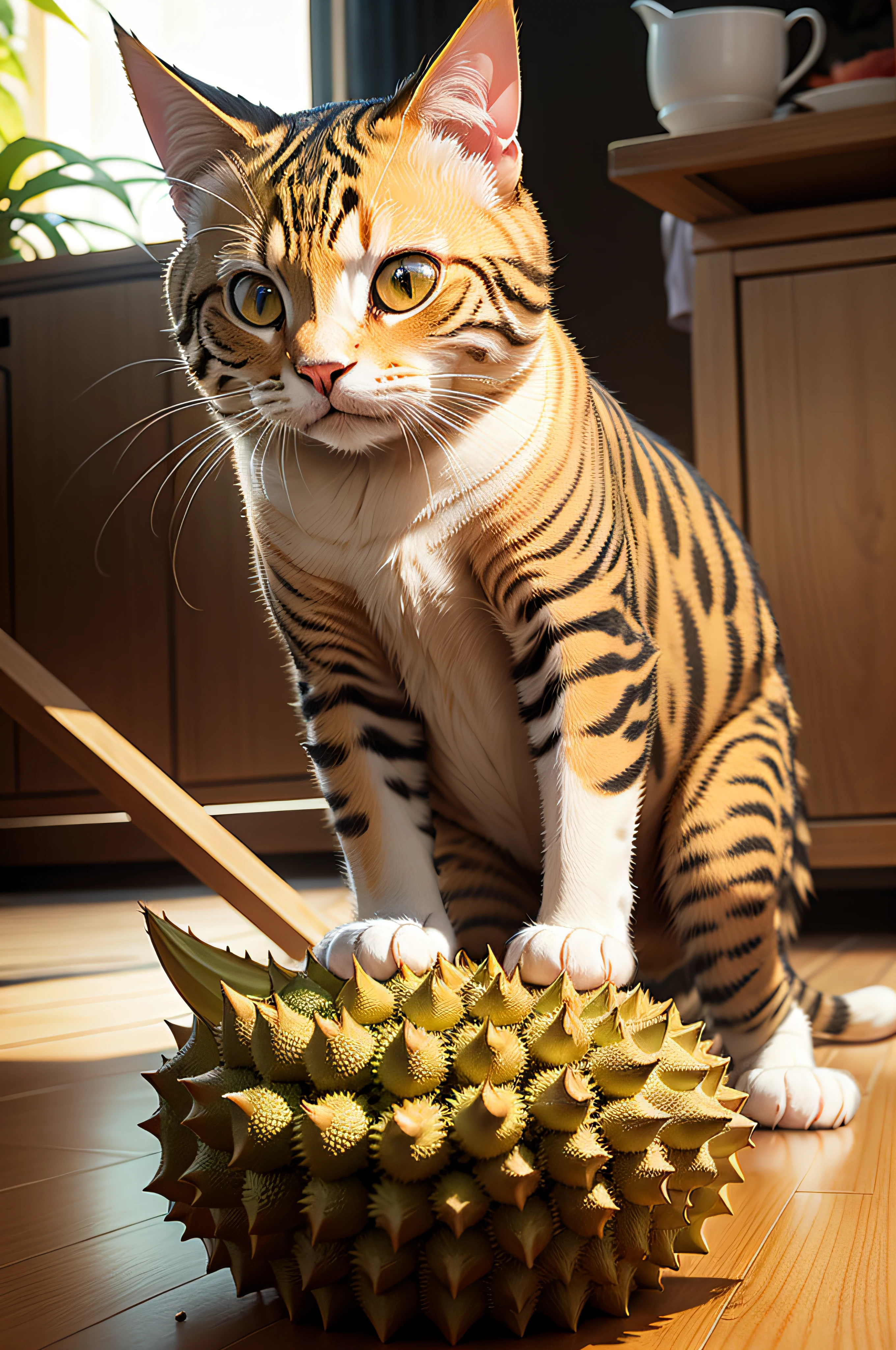 Durian on,With one cat,Cat HD,HighestQuali,Durian texture,Orange cat,professional photoshooting,The cat opened its eyes