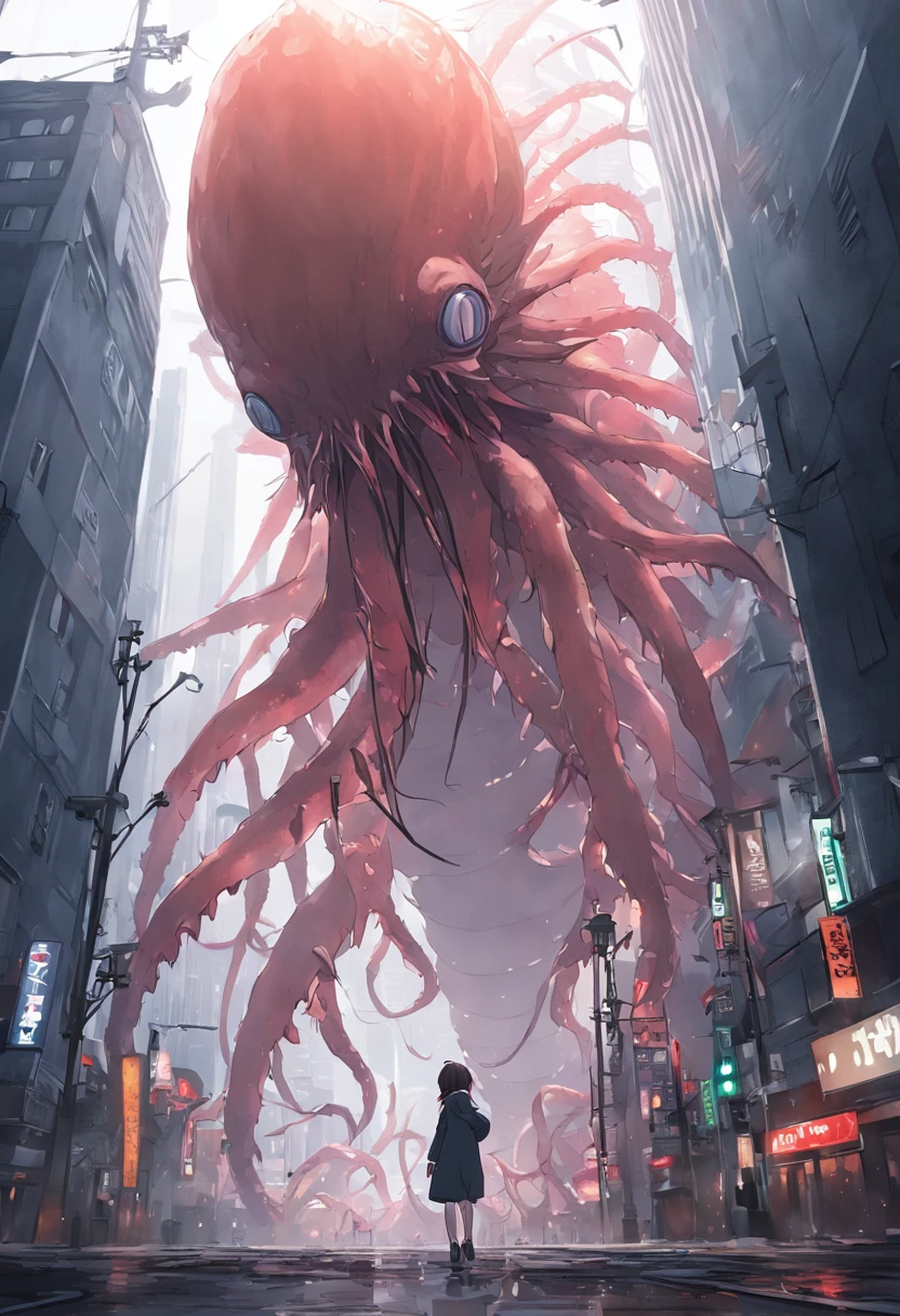 Best quality, Masterpiece, Ultra-high resolution, Super huge and ferocious monster(Sea shrimp),Hidden in thick fog,Realisticstyle,Terrifying atmosphere,Bloody red eyes, Broken streets, Broken cities, The ground is covered with gravel, Billboard for broken octopus carcasses,Monsters descend on Tokyo Tower, Japan Invaders, Tokyo Landmark,Desperate doomsday,8K, A cinematic scene, From a top-down perspective (light and shadow effect),(Depth of field effect),(Tyndall),(Light particle tracking),(CG),(Horror movie lighting visuals),(voluminetric lighting),(Bright colors)