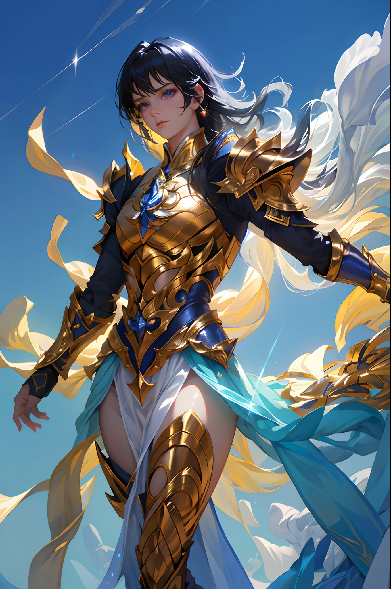 Ultra-high saturation,(tmasterpiece), fully body photo,(best qualtiy), (1girll), starryskybackground,Wearing shiny gold armor, Sexy lingerie type armor,Expose your chest,Expose the waistline,Exposing thighs,cool-pose, Saint Seiya Armor, messy hair,high detal, Anime style, Cinematic lighting, Sparkle, god light, Ray traching, filmgrain, hyper HD, textureskin, super detailing, Anatomical correct, A high resolution,Ultra-high saturation,hight contrast,High-gloss armor,Smooth skin,Serious expressions,Dark room,