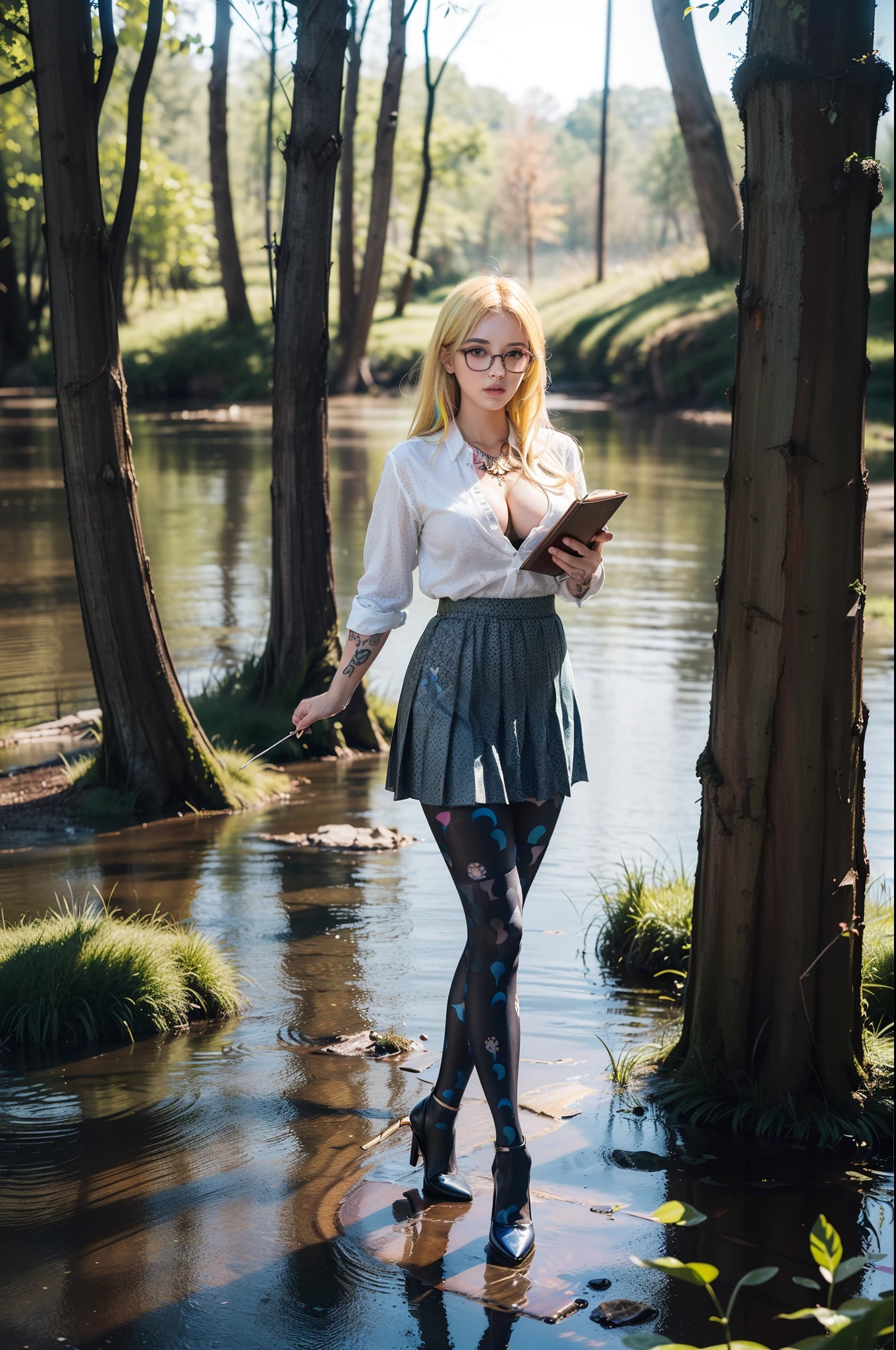 (full body:1.5),(((only one girl)):1.4),(view the viewer:1.4),((anatomy correct):1.45),(((Embracing by the creek in the forest, Perfectly integrated background))):1.3),(she wears large glasses and Holding book in her hand:1.2),(shy:1.15),((Student pleated skirt's set):1.2),(((((((patterns)))))) ,((thick pantyhose)):1.3),(((tattoo)):1.3),( Uniform high heels leather shoes with bows for female students:1.1),((Long legs and large chest):1.3),((((colorful))):1.3),(Accurate and perfect face:1.3),((blonde):1.2),hyper HD, Ray traching, reflective light, structurally correct, Award-Awarded, high detail, lighten shade contrast, Face lighting ,cinematic lighting, masterpiece, super detailing, high quality, high detail, best quality, 16k,High contrast,