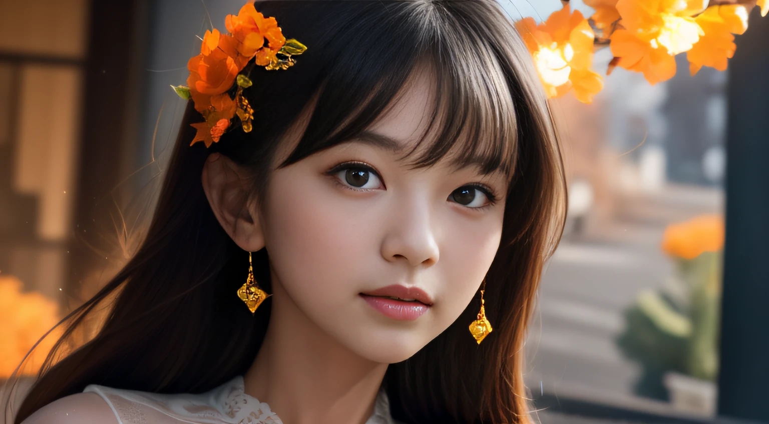 starrysky,A city in the distance,River side,deep in the night,quiet,A close-up of the dirty woman's face shows a laborious expression, Soft portrait shoot,(tmasterpiece,k hd,hyper HD,32),zydink,Young students, ( Qi patina), Flowing orange silk,classical, (Abstract gouache splash:1.2),Egg white skin like,Monet(realisticlying:1.4),The nostrils look at people,Autumn is in full swing,starryskybackground, RAW photogr, sharpie