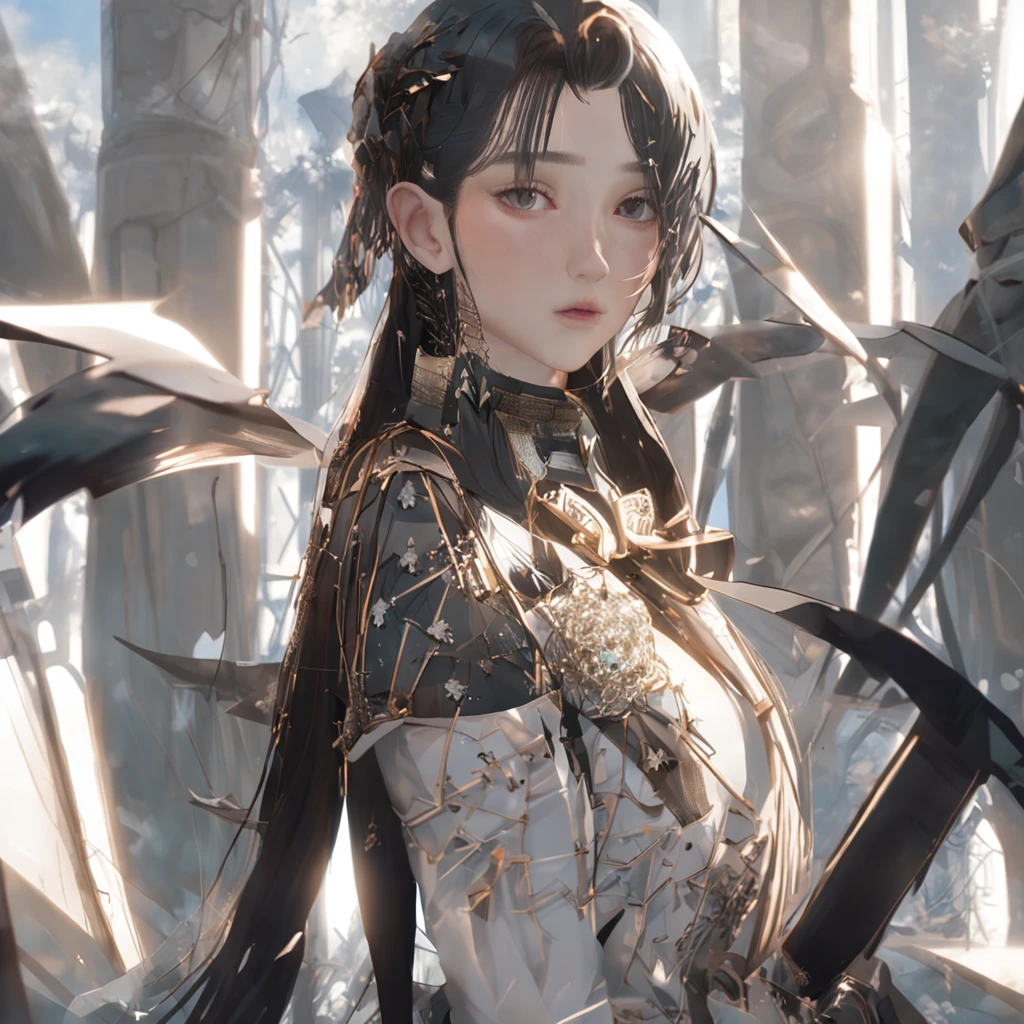 Highest image quality,Delicate painting style,Delicate hook lines,tmasterpiece,Fine fine skin,Delicate hair,Complete painting,A masterpiece,Delicate hands,finely-detailed eyes,Normal eyes,Ultra photo realsisim, Masterpiece, Very detailed, brunette, A cockroach girl,Gray-black,Chu Chu pitiful,There are antennae on the head,Cockroach wings,A girl fused with cockroaches,Black-framed round glasses,((White scarf)),cyber punk perssonage, Blue pupil, city night scene, Dappled light and shadow, There are bright eyes of God。城市