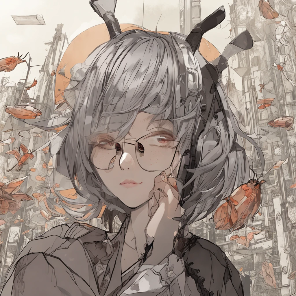 Highest image quality,Delicate painting style,Delicate hook lines,tmasterpiece,Fine fine skin,Delicate hair,Complete painting,A masterpiece,Delicate hands,finely-detailed eyes,Normal eyes,Ultra photo realsisim, Masterpiece, Very detailed, brunette, A cockroach girl,Gray-black,Chu Chu pitiful,There are antennae on the head,Cockroach wings,A girl fused with cockroaches,Black-framed round glasses,((White scarf)),cyber punk perssonage, Blue pupil, city night scene, Dappled light and shadow, There are bright eyes of God。城市