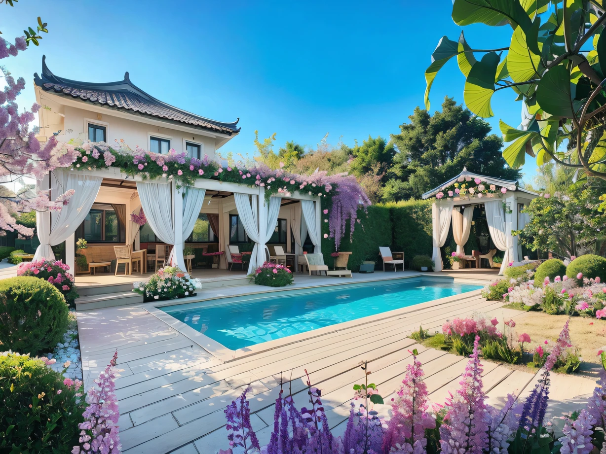 tmasterpiece/best qualtiy/8K/Ultra-high resolution, real light and shadow,In this fairyland-like courtyard,You will feel the real fantasy wonderful!A finely carved floral arch greets you,Petals gently fall on your shoulders,As if it were a blessing from an angel。Emerald green grass spreads out,The creek winds through the flower beds,Flowing cheerfully,It seems to have its own heartbeat。Colorful fish swim in the pool,Sparkle like a jewel。Wisteria wrapped seat,It vaguely reveals a romantic atmosphere,Let you be enchanted,It's like being in a fairytale world。A gentle breeze blows,Bring bursts of floral fragrance,Let your mind get endless stretch and tranquility。This courtyard,Like a picture scroll,Perfectly interweave your expectations with your imagination。