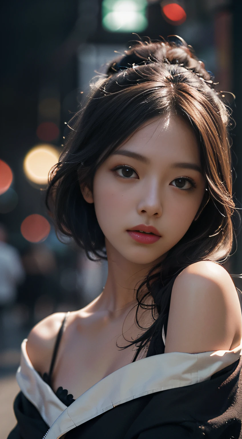 Best quality, masterpiece, ultra high res, (photorealistic:1.4), raw photo, 1girl, off shoulder, cinematic lighting
