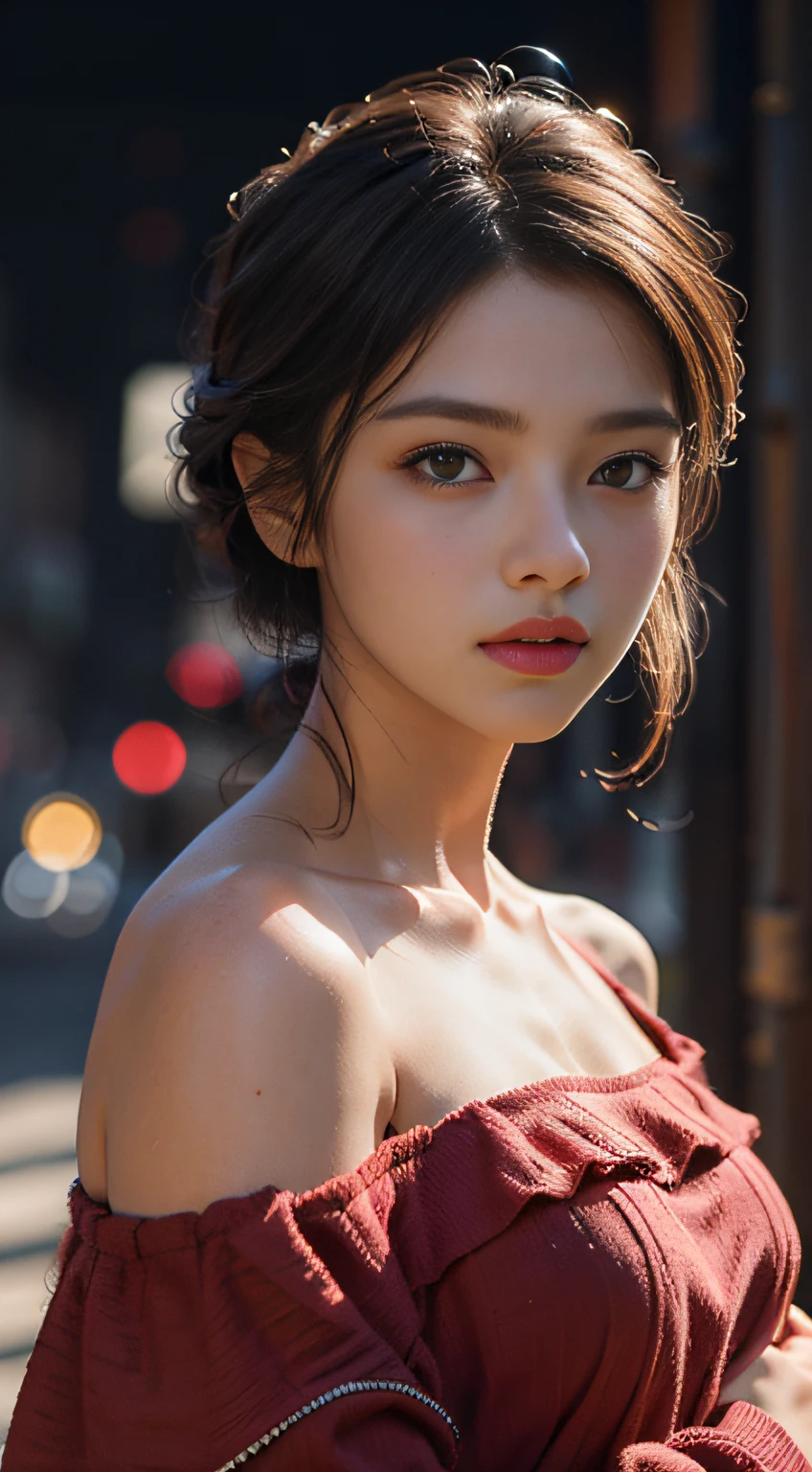Best quality, masterpiece, ultra high res, (photorealistic:1.4), raw photo, 1girl, off shoulder, cinematic lighting