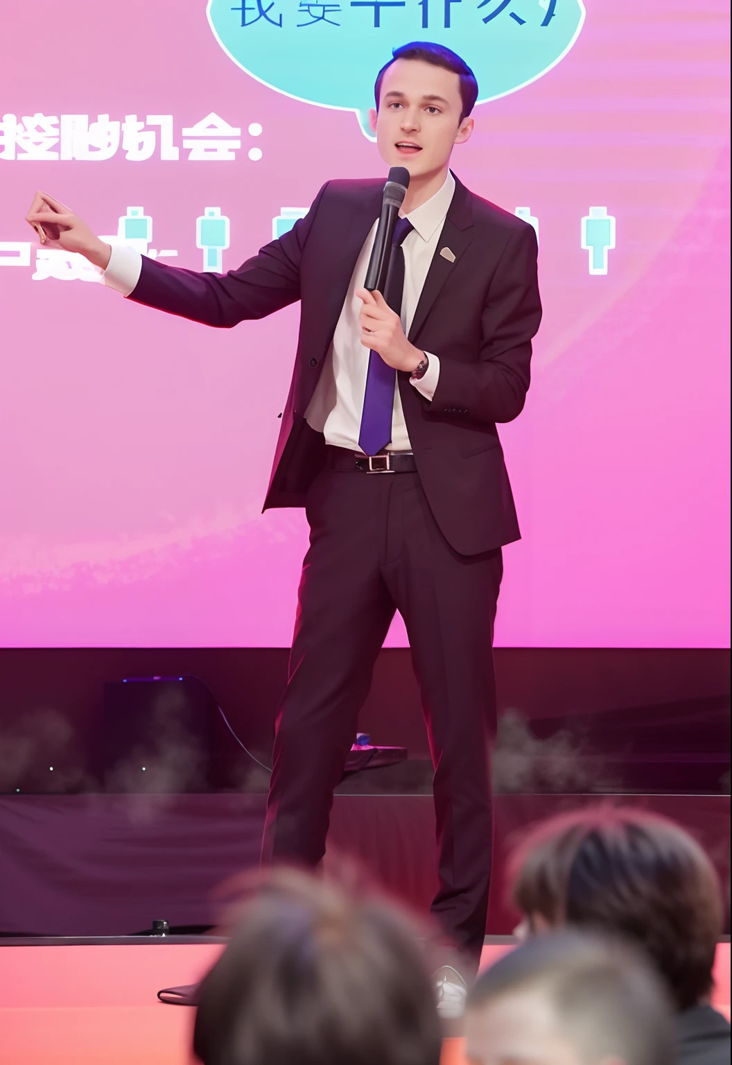 On the stage stood a man in a suit and tie, On stage, Performing on stage, be on stage, Guy in purple fancy suit, Pete Mainbach, taken in the early 2020s, nathan for you, Solid Backgroud, bladee from drain gang, author:Matthia Jama, Stand-up comedian, Execution, Vitalik Buterin
