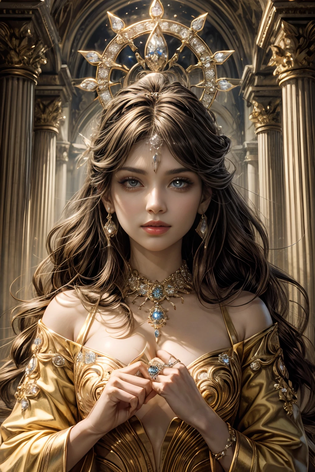 um close up de um anel de ouro com um centro de diamante, majestosa obra-prima, magic ring with a diamond, Centered thin-ring iris, master part, halo de ornamento intrincado, ouro dourado e diamantes, obra-prima detalhes finos, Elden Estilo Anel, deslumbrante, ouro nobre, obra-prima obra de arte, obra-prima', Elden Ring inspirado, cintilante, ornamentado com diamantes brancos