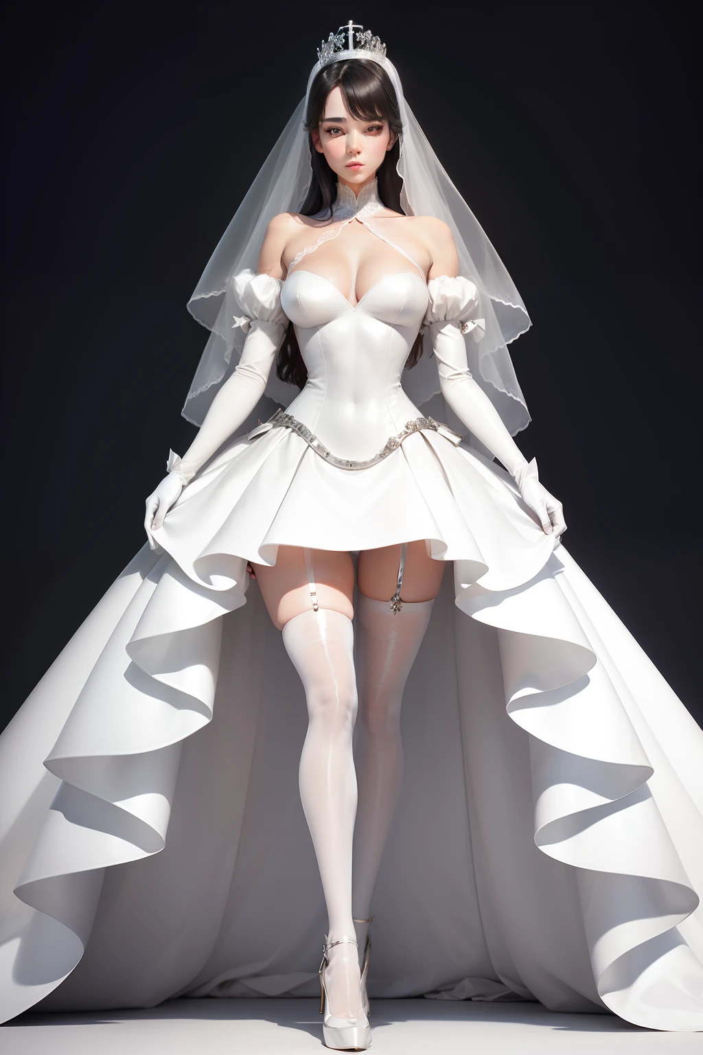 femele，Wear a tight-fitting wedding dress and a neck blouse，Long over-elbow patent leather gloves，Wear a metal chastity belt on the lower body，White patent leather over-the-knee stockings，Contains faces，Contains legs，Contains feet，M-legs，the hair，Princess Crown，Full body like，Choi Hyun-hwa