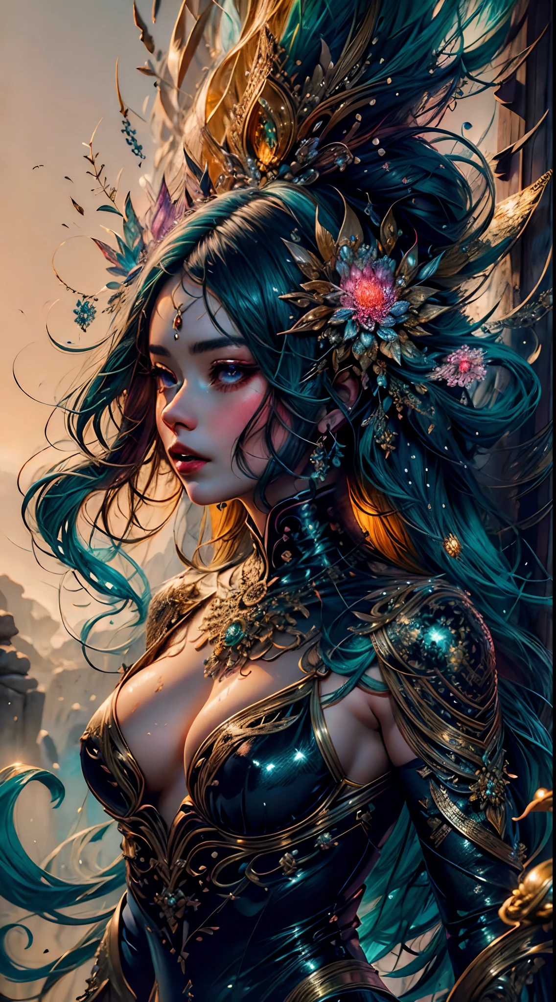 Create a beautiful tree, tree woman with torso with a female silhouette. com a silhueta feminina, um corpo perfeito. Com folhas verdes.desenho digital, rosto perfeito, pele brilhante, Retrato de arte conceitual 8k, dynamic lighting, superdetalhe, imagem detalhada, Antecedentes complexos, desenho a tinta digital.,Beautiful woman, Uma mulher com cabelo preto vestindo uma roupa colorida e um fundo preto com respingos de tinta, Directed by: Hirohiko Araki, Arte Oficial, Unity 8k papel de parede, Ultra Detalhado, Beautiful and Aesthetic, master part, best quality, (Zenredar, mandala, emaranhado, emaranhado), 1girl, extremamente detalhado, Dynamic angle, Vaqueiro, a mais bela forma de caos, elegante, um brutalista projetado, cores brilhantes, Romantismo, por james jean, Gerhard Richter, Takato Yamamoto, Ashley Madeira, Atmospheric, ecstasy of musical notes, streaming musical notes visible,estilo wtrcolor, soprado pelo vento, master part, Beautiful, ((Aquarela)), respingos de tinta, detalhes intrincados. High detail, [gotejar:0.7], trending on ArtStation, Raquel Walker,Estilo-Pintura-1900, Uma linda mulher deslumbrante completamente coberta de tinta flutuando em uma piscina, beautiful lighting, grandes olhos bonitos detalhados, nirvana, Relaxed, do topo, corpo inteiro, pingos de tinta, redemoinhos de tinta, respingos de tinta, salto em altura, (redemoinhos de tinta espiral bonitos), Directed by: Jeremy Mann, Por Sandra Chevrier, vivid contrasting colors, chromatic abberation, fundo preto, behance HD, master part, best quality, (Realistic:1.2), (Alto contraste:1.2),gold decoration, Deusa da Floresta, close-up bonito da  caucasiana, Beautiful goddess fused with forest and trees, cabelo preto fundido com platina e dourado,