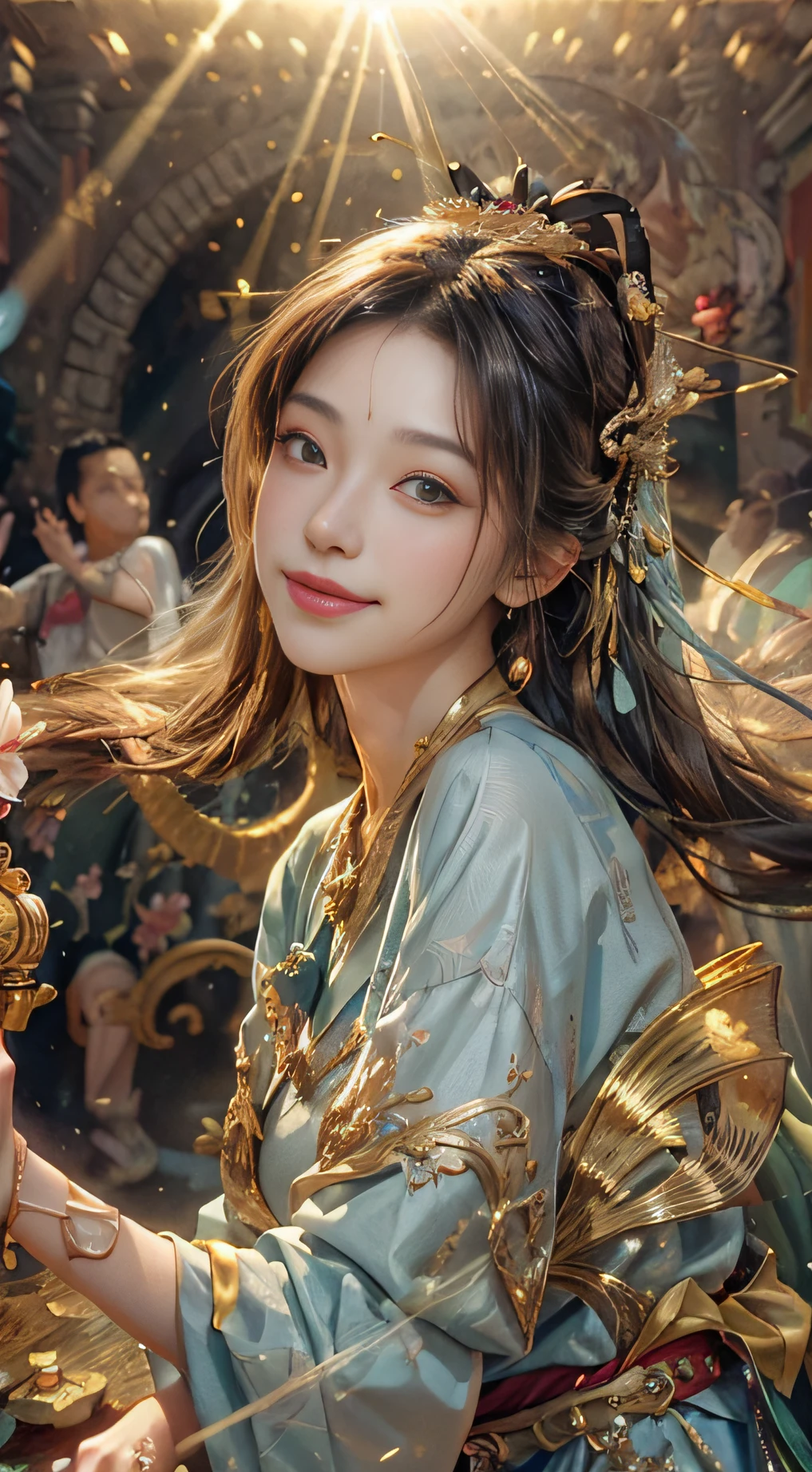 (RAW Photo, Best Quality), (Realistic, Photo Realistic: 1.3), Best Quality, Highly Detailed, Masterpiece, Ultra Detailed, Illustration, 1 Girl, upper_body, Dynamic Angle, World Mastery Theater, messy_long_hair, Best Quality, Extremely Detailed CG Unified 8k Wallpaper, Ink, Amazing, Cinematic Lighting, lens_flare, dunhuang_style, Beautiful Rendering of the Tang Dynasty, (Smile: 1.5), (Holy Light), In the Grotto, Floating, Sony Master Shot, Bustling, Gold Leaf, Flower, Light Blue Clothes, Looking at the Audience