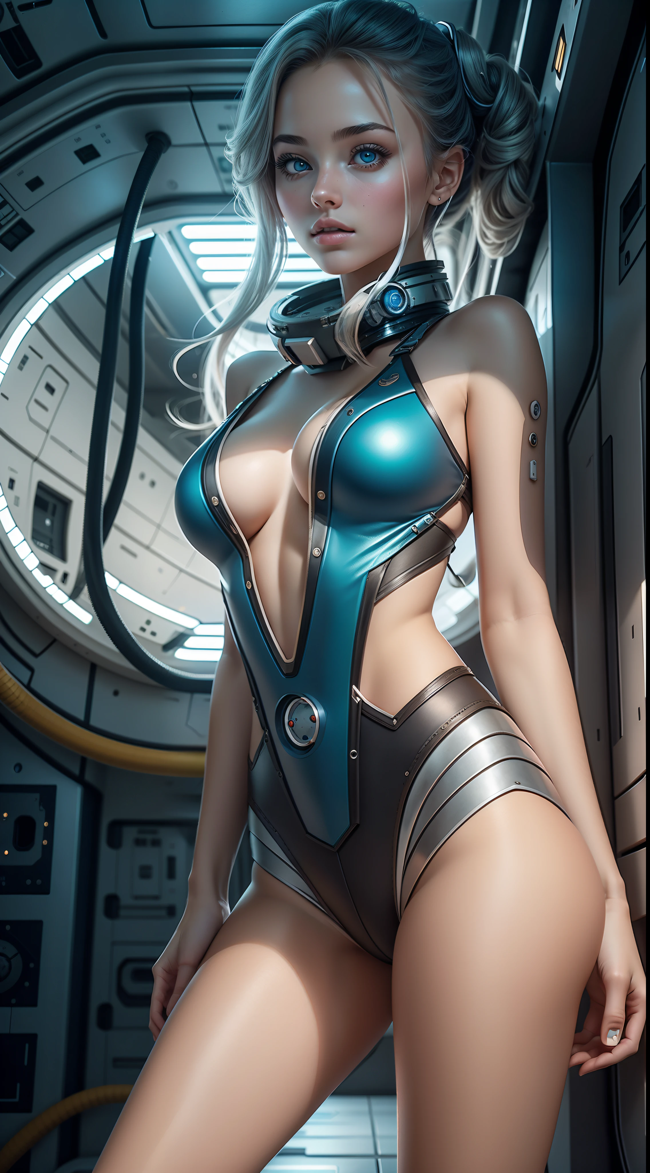1 bonita e bonita, 20 anos, em uma enorme nave espacial, cheio de tecnologia e futurista por dentro, open vision, linhas suaves, inspirado no filme Space Traveler, looking seductive, Ultra HD |, pernas longas sexy, sem capacete