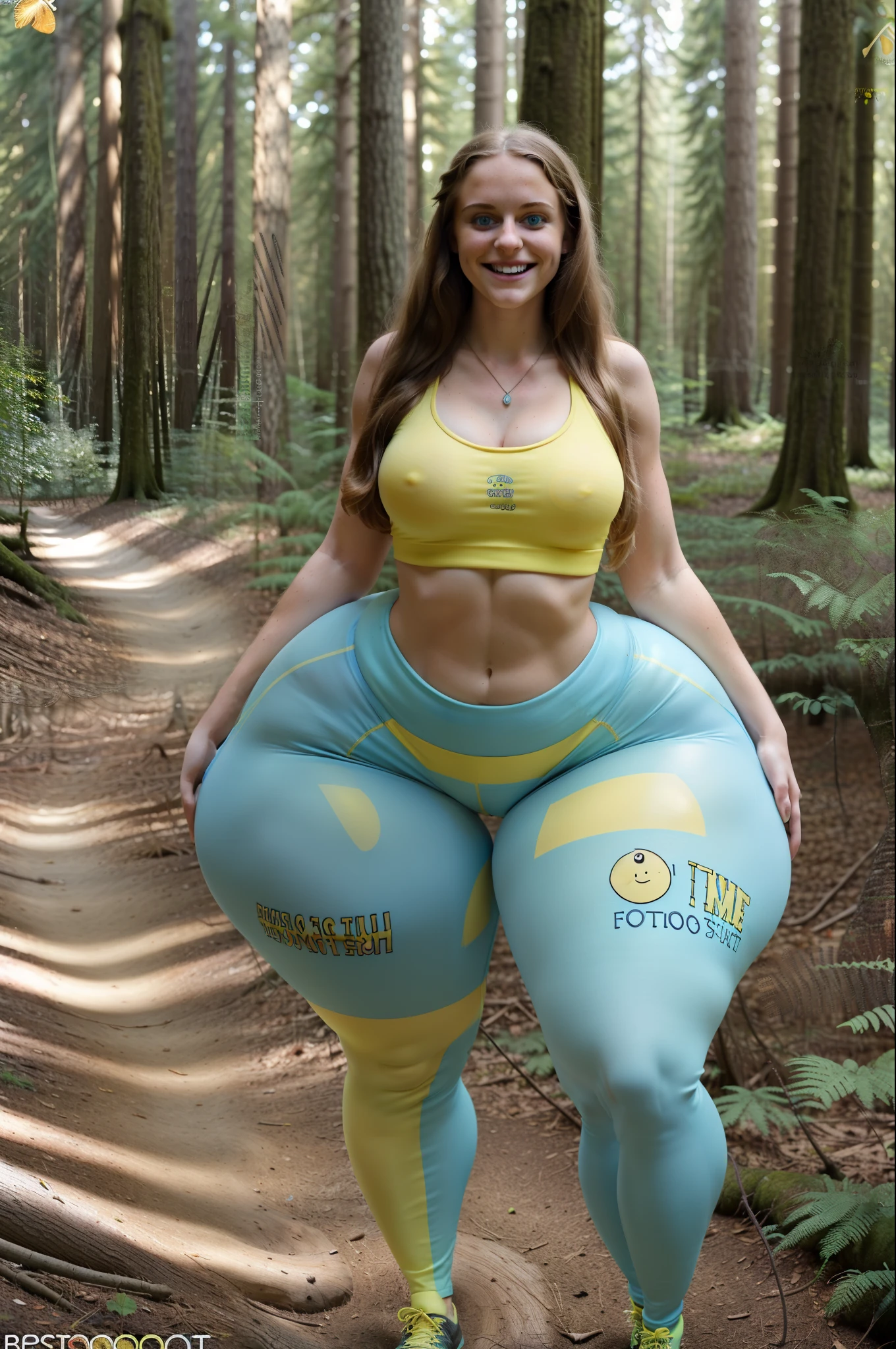 a perfect photo of a busty ager wearing [leggins:yellow legging:2] [smirking:grinning:1] while [sitting on a log:standing:1] in the woods, arms out, looking at me, [:long hair:2], [:see through low cut blue tanktop:1], [:smiling eyes:4], [:cleavage:2], [cmeltoe:4], hyper bottom heavy