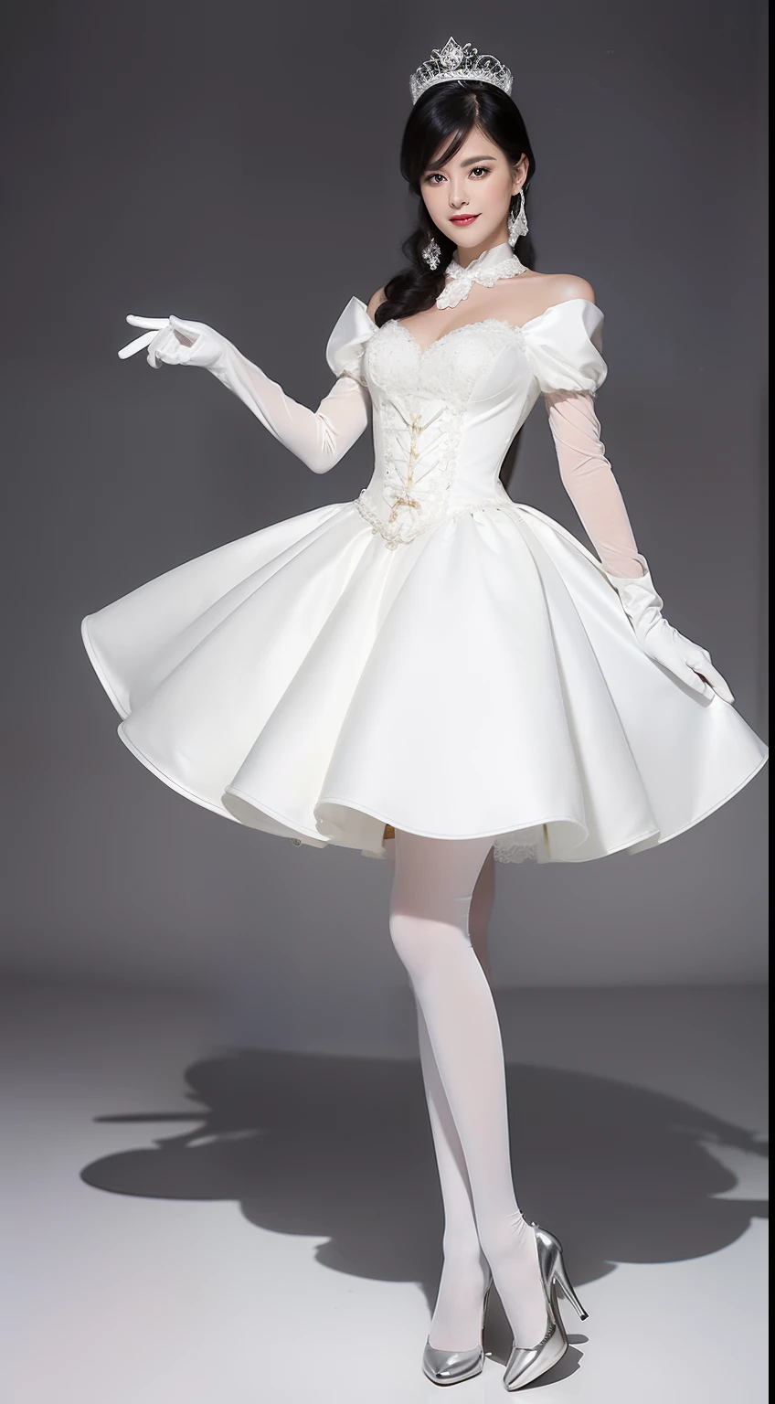 femele,Wear a tight-fitting wedding dress and a neck blouse,Long over-elbow patent leather gloves,Wear a metal chastity belt on the lower body,White patent leather over-the-knee stockings,Contains faces,Contains legs,Contains feet,Spread your legs,the hair,Princess Crown,Full body front image