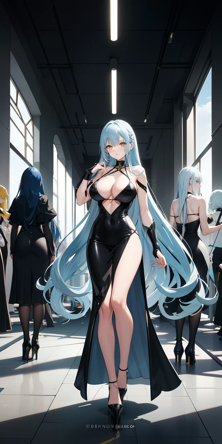 light blue hair, long hair, yellow eyes, black dress, collarbone, bare back, big boobs, inside a building, high heels black shoes, inside of building, looking at each other, standing, hands up